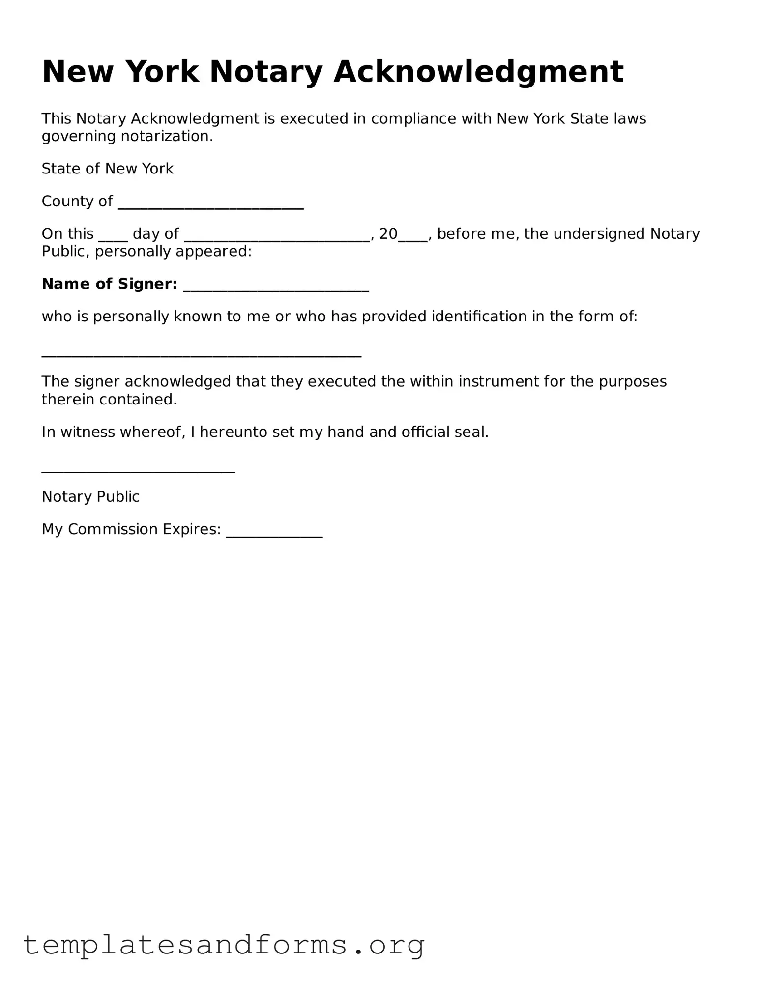 Free Notary Acknowledgement Form for the State of New York