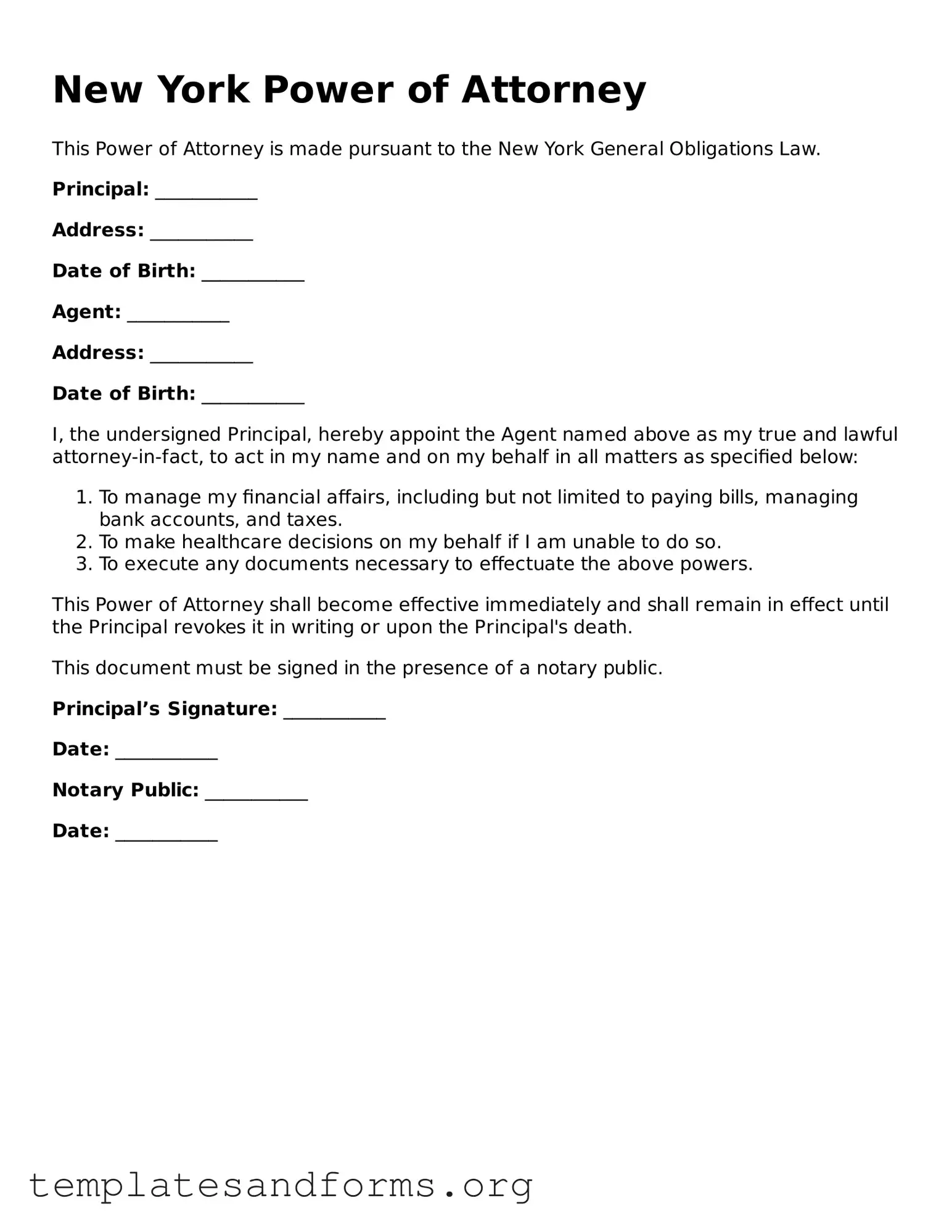 Free Power of Attorney Form for the State of New York
