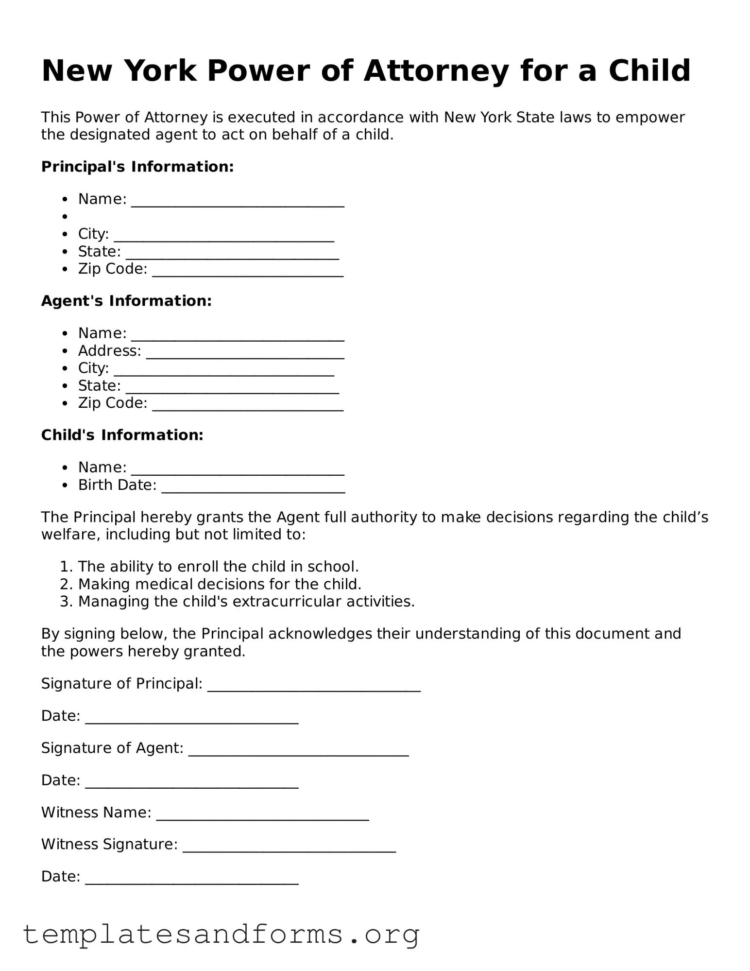 Free Power of Attorney for a Child Form for the State of New York