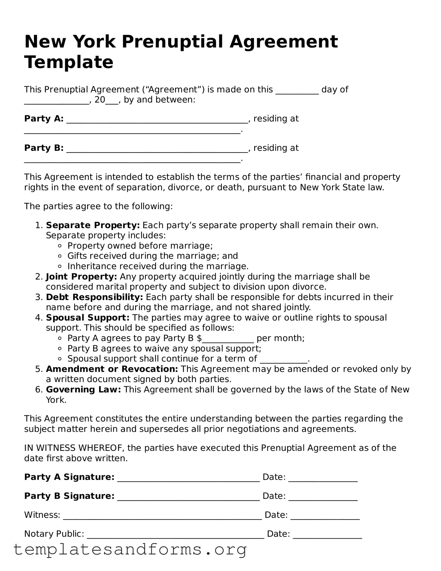 Free Prenuptial Agreement Form for the State of New York