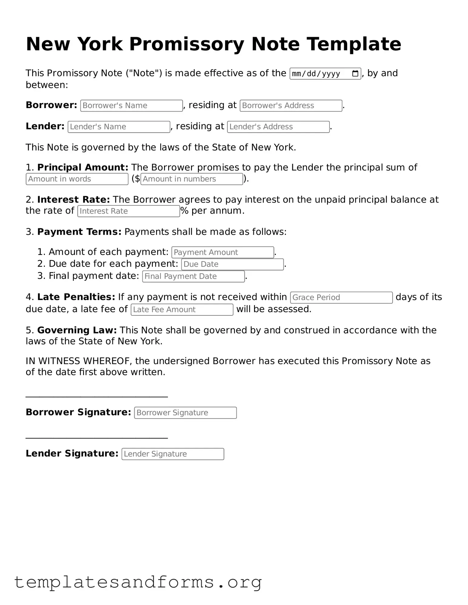 Free Promissory Note Form for the State of New York