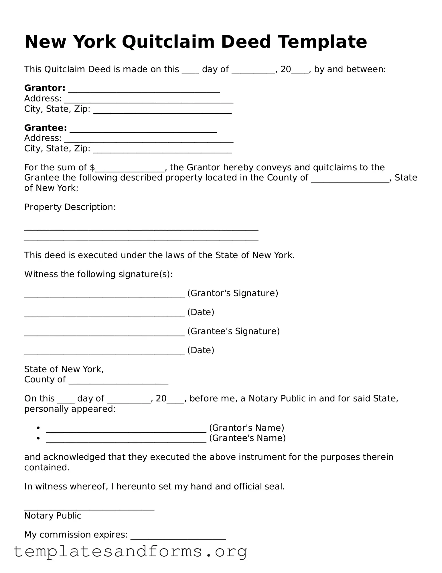 Free Quitclaim Deed Form for the State of New York