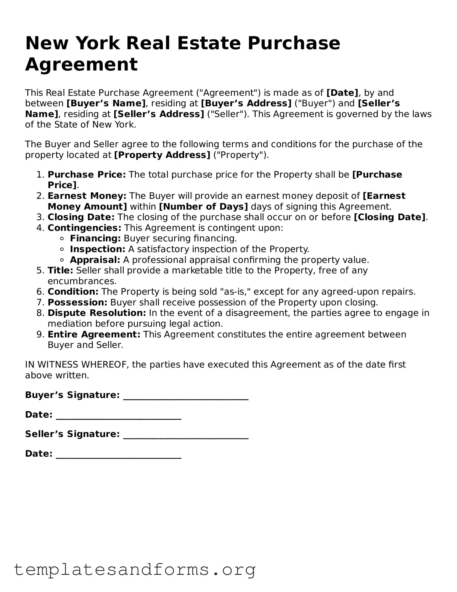 Free Real Estate Purchase Agreement Form for the State of New York