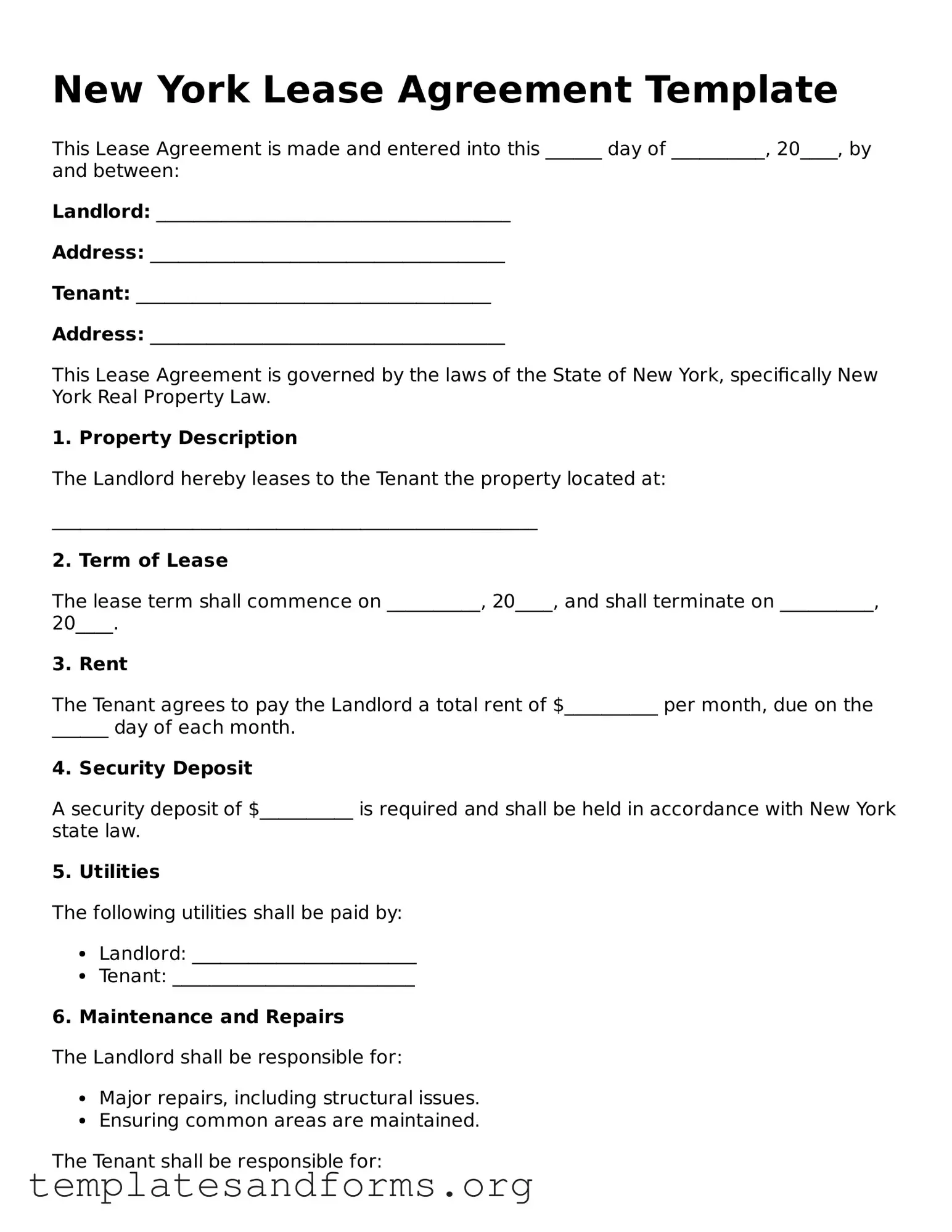 Free Lease Agreement Form for the State of New York