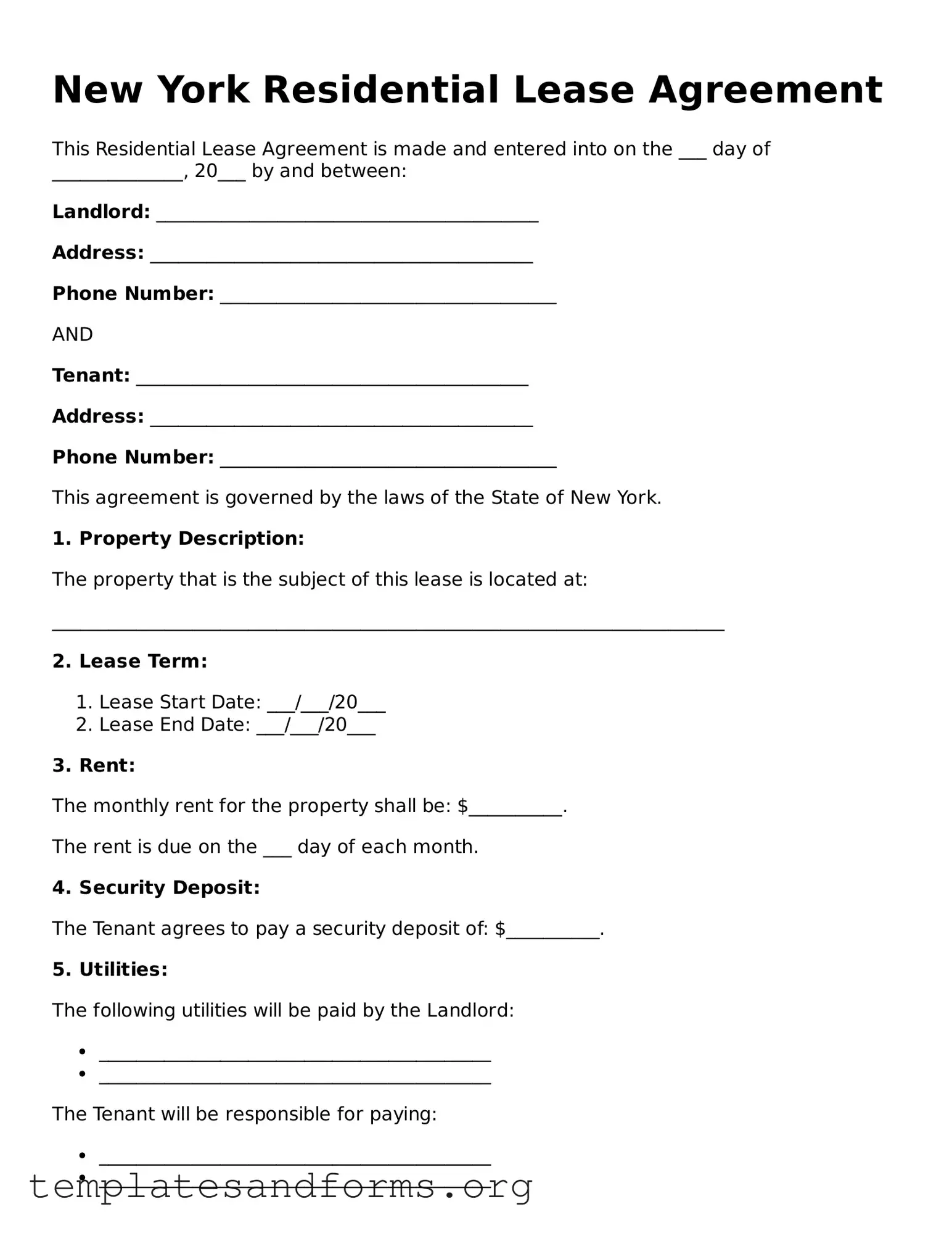 Free Residential Lease Agreement Form for the State of New York