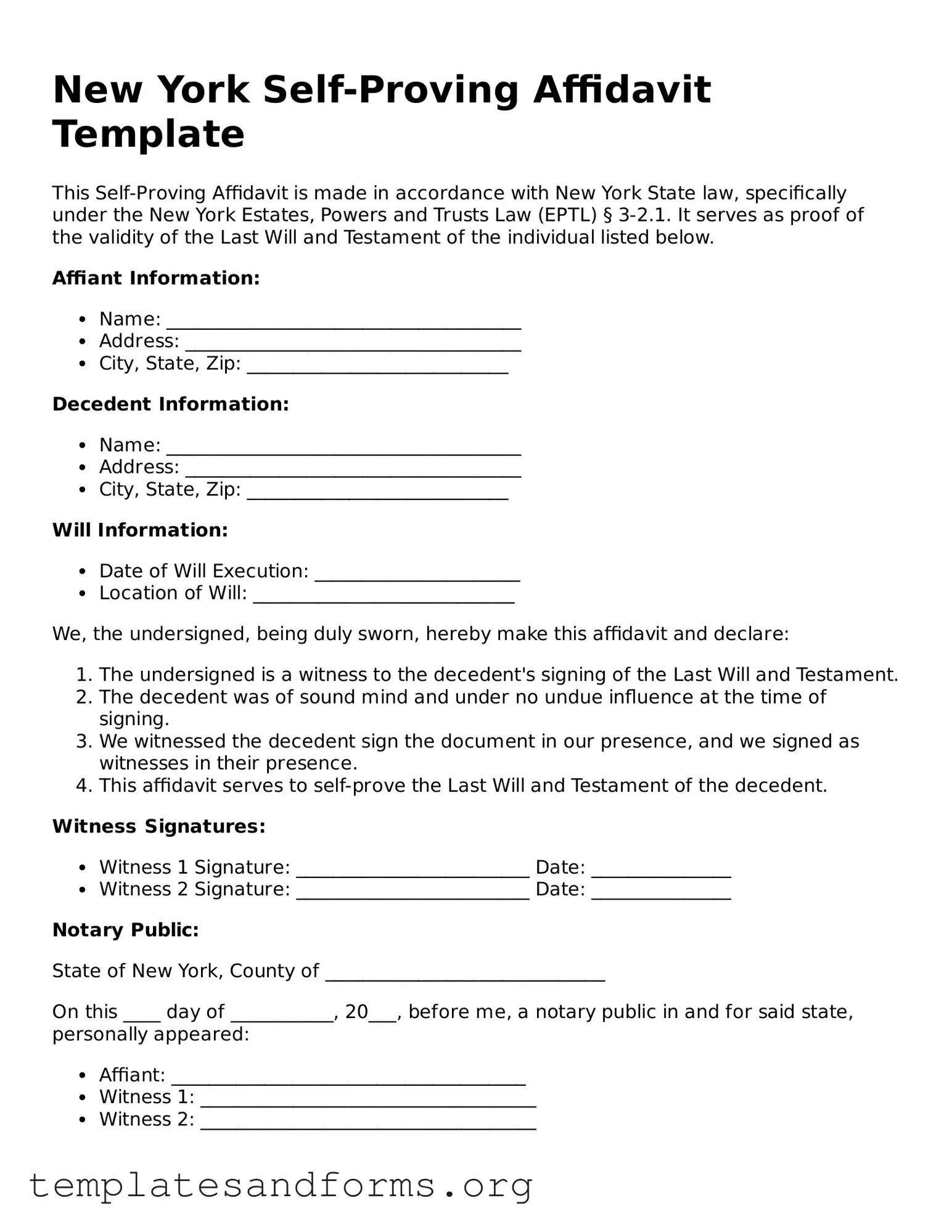 Free Self-Proving Affidavit Form for the State of New York