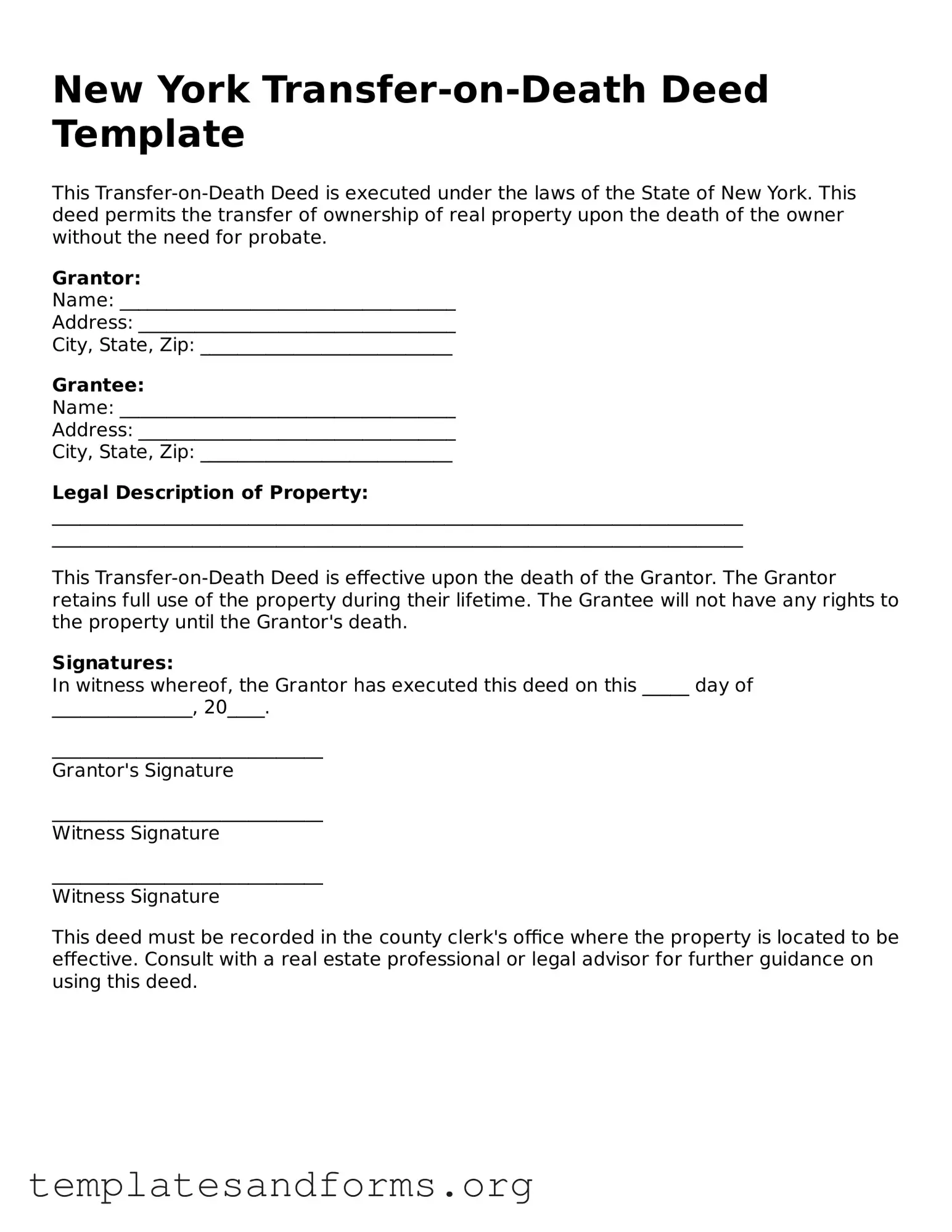 Free Transfer-on-Death Deed Form for the State of New York