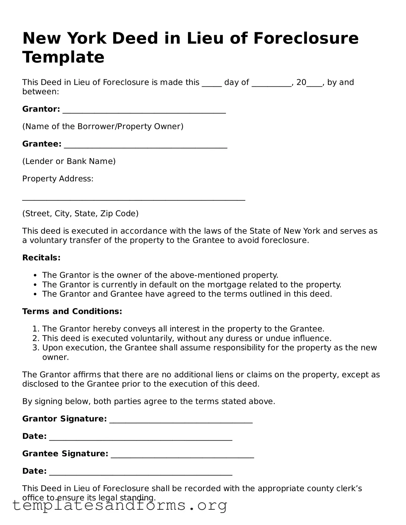 Free Deed in Lieu of Foreclosure Form for the State of New York