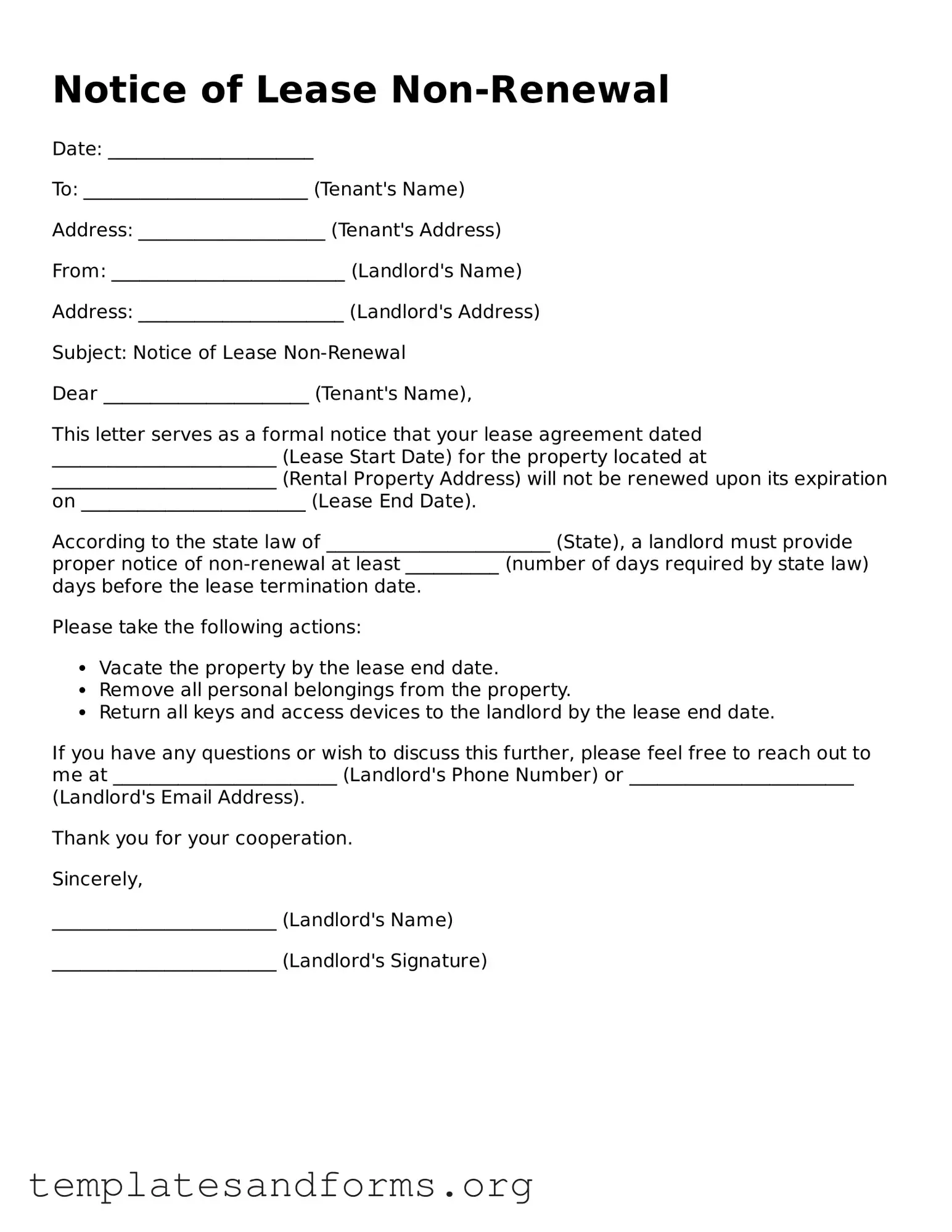 Blank Notice of Lease Non-Renewal Document