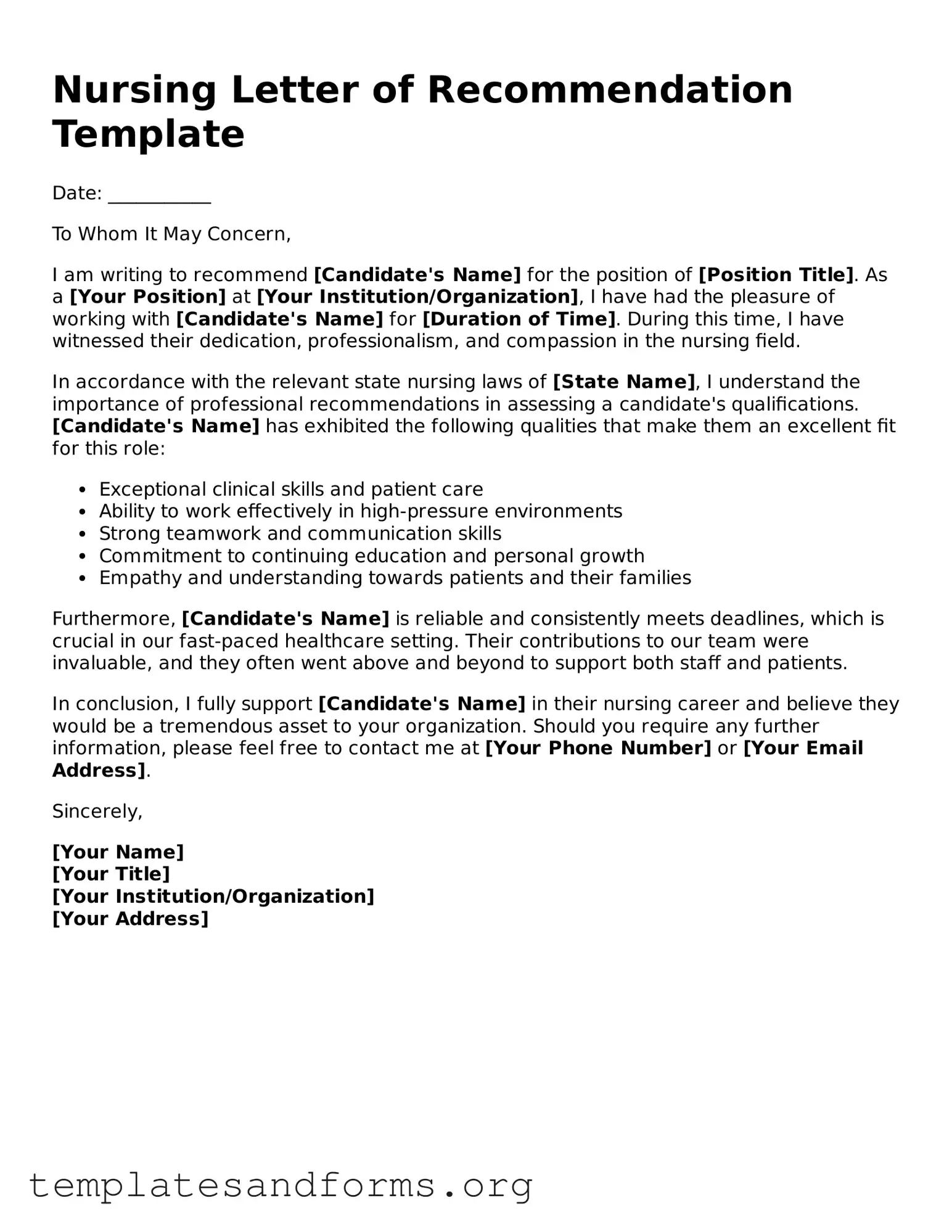 Blank Nursing Letter of Recommendation Document