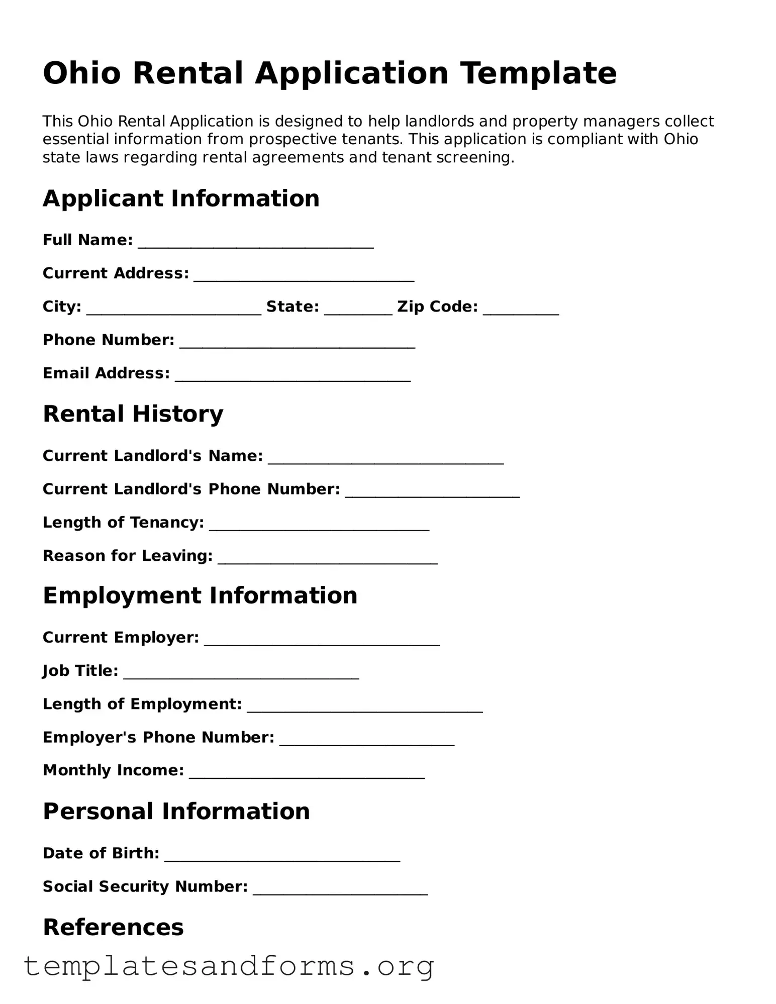 Free Rental Application Form for the State of Ohio