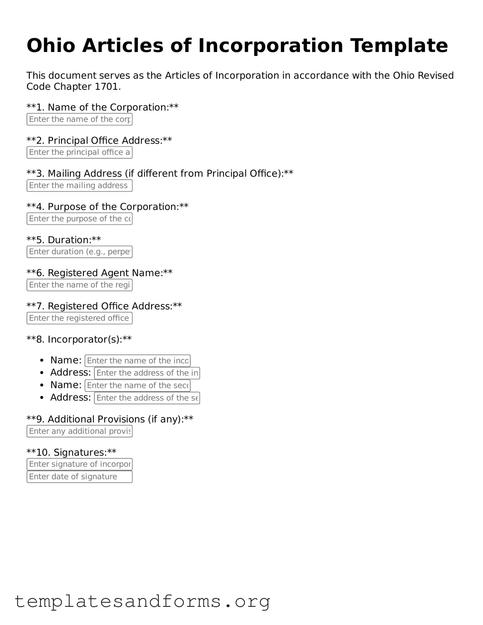 Free Articles of Incorporation Form for the State of Ohio