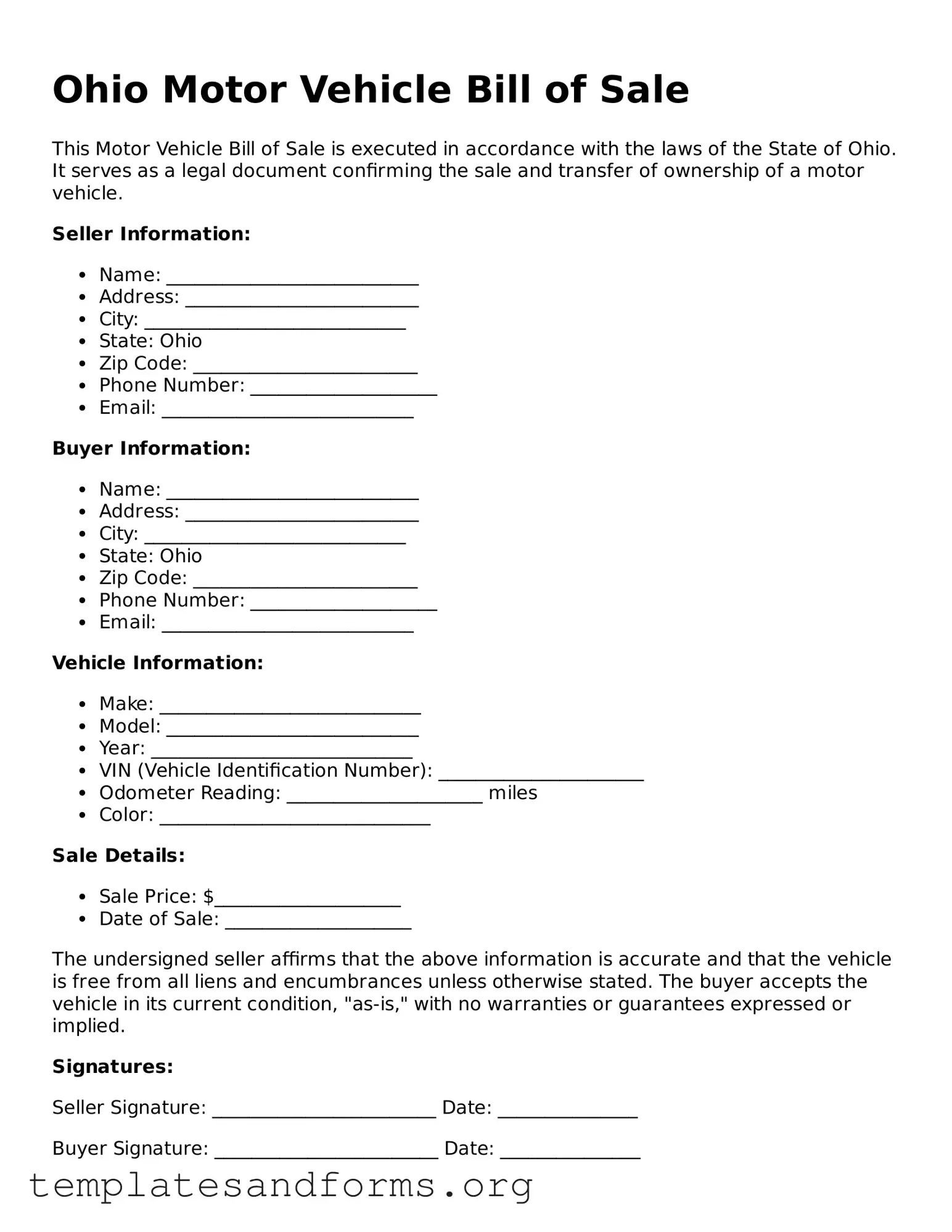 Free Motor Vehicle Bill of Sale Form for the State of Ohio