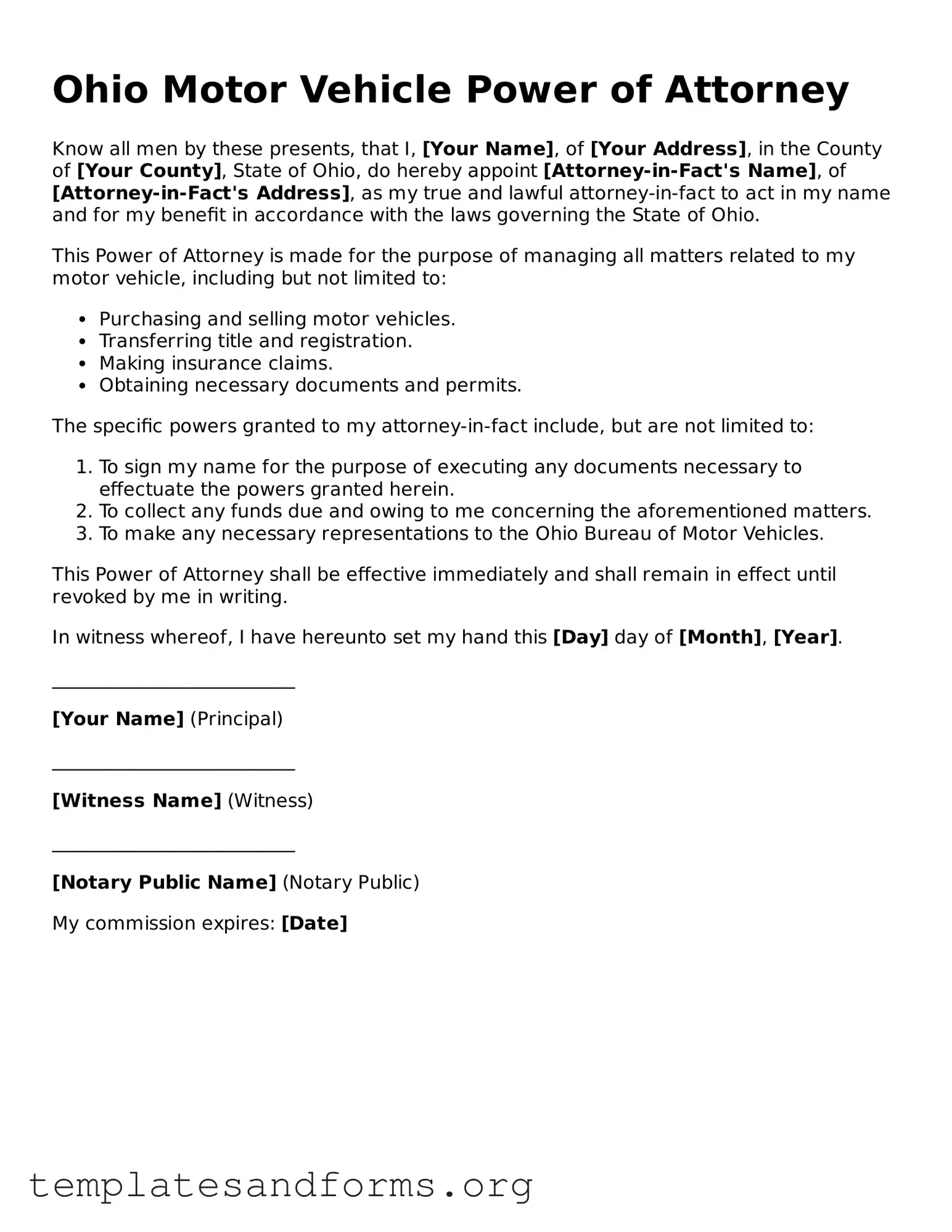 Free Motor Vehicle Power of Attorney Form for the State of Ohio