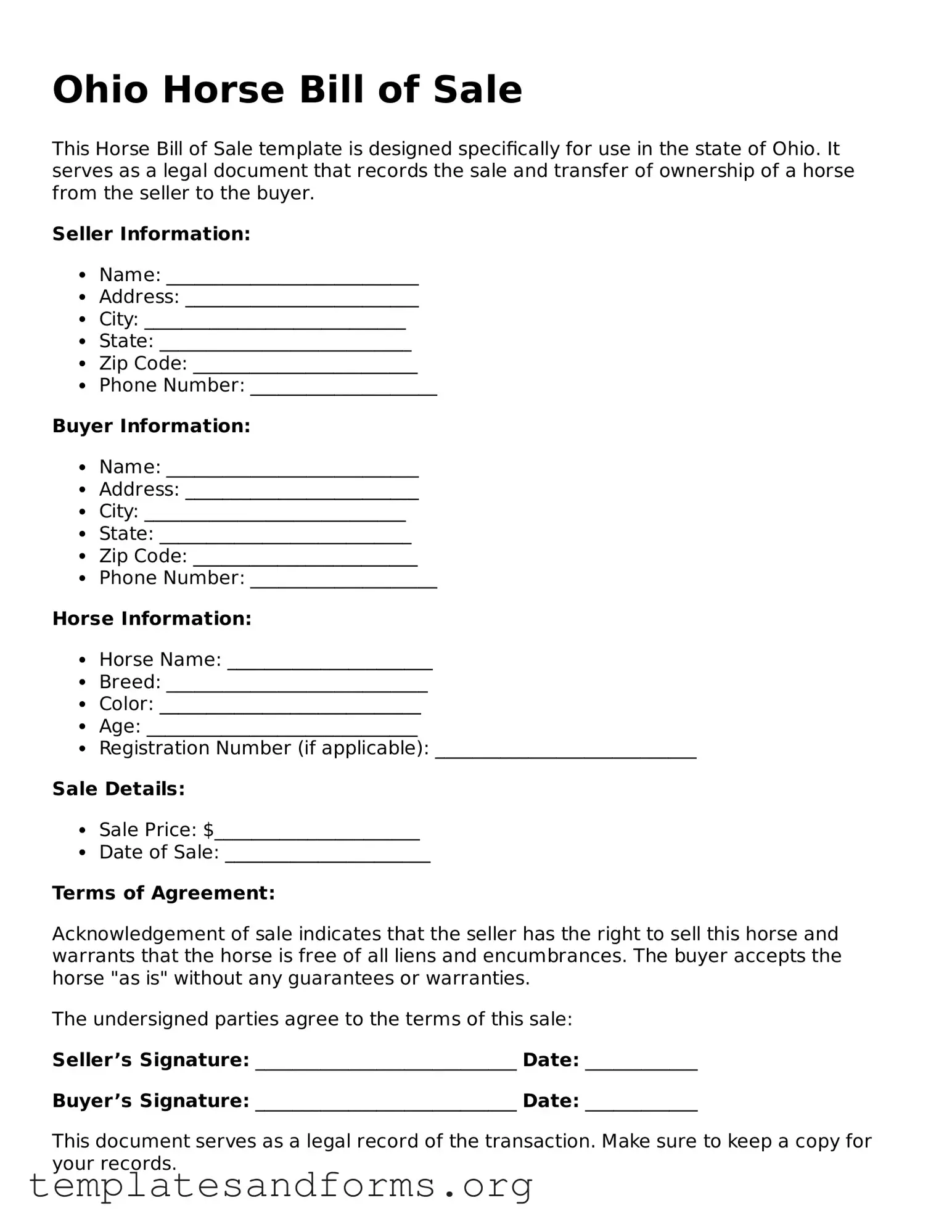 Free Horse Bill of Sale Form for the State of Ohio