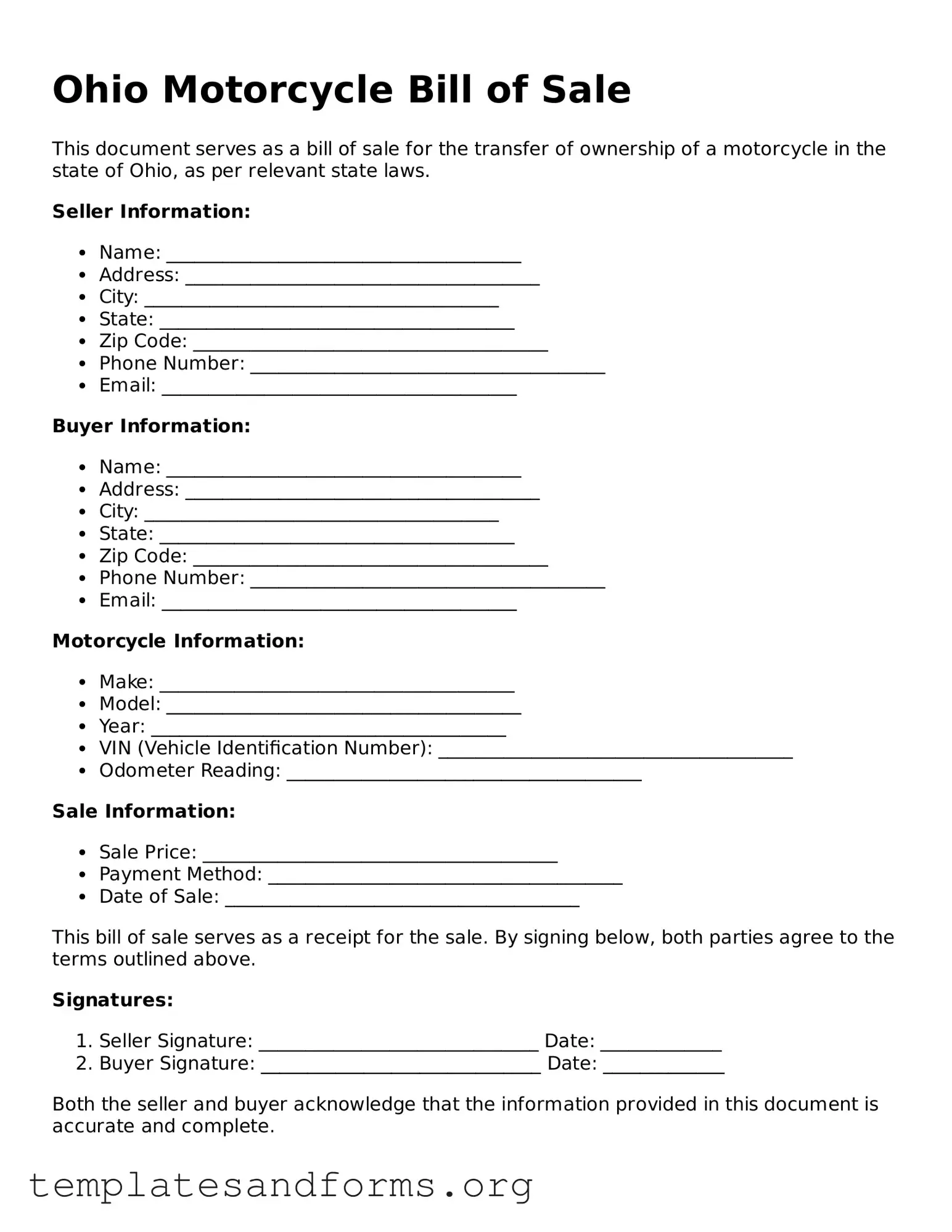 Free Motorcycle Bill of Sale Form for the State of Ohio
