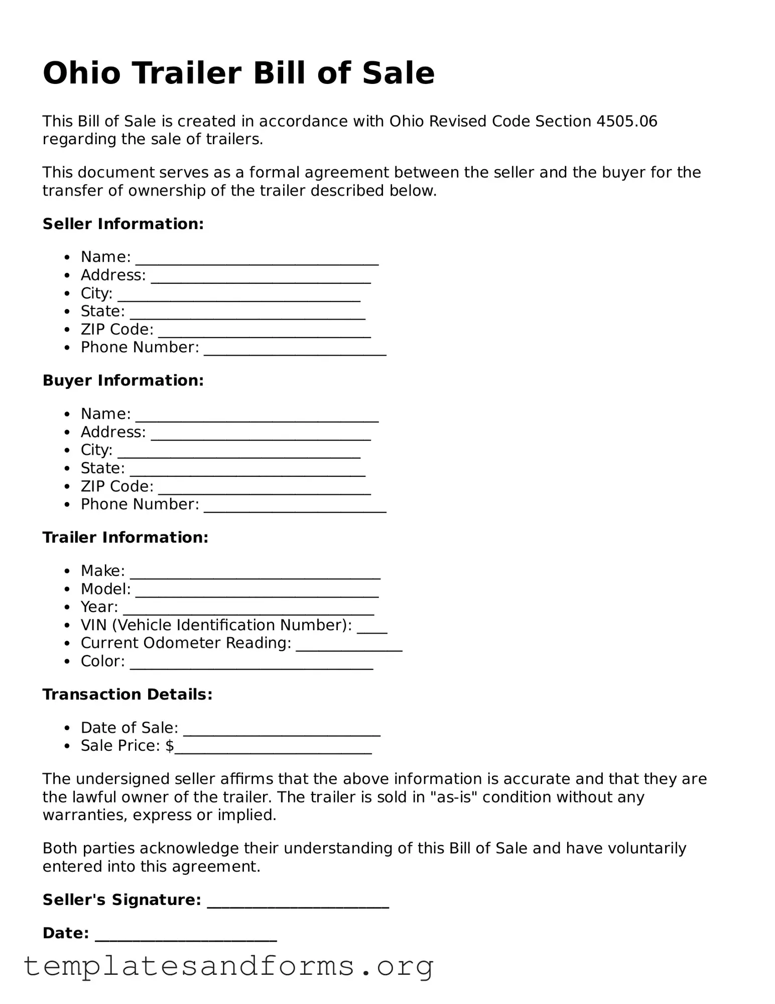 Free Trailer Bill of Sale Form for the State of Ohio