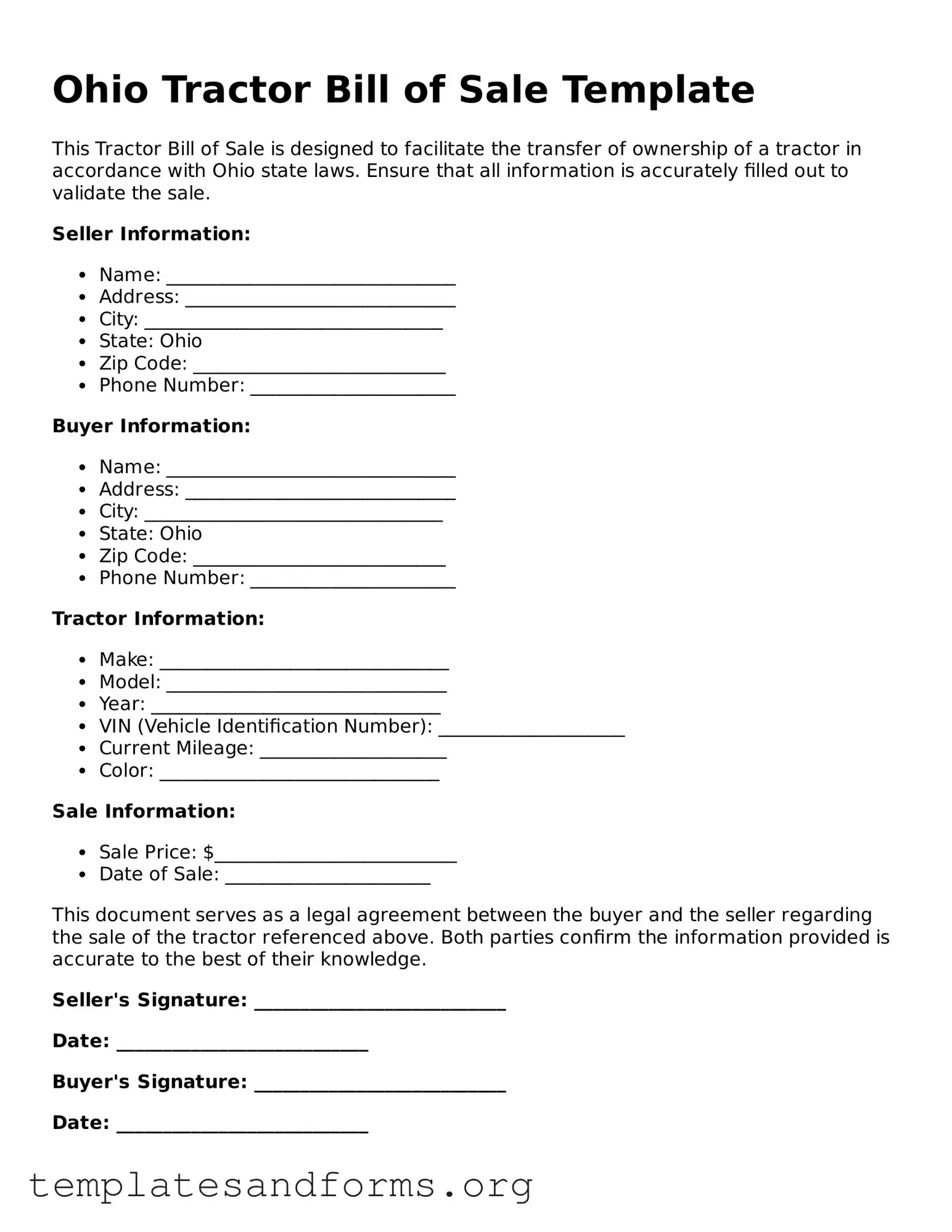 Free Tractor Bill of Sale Form for the State of Ohio