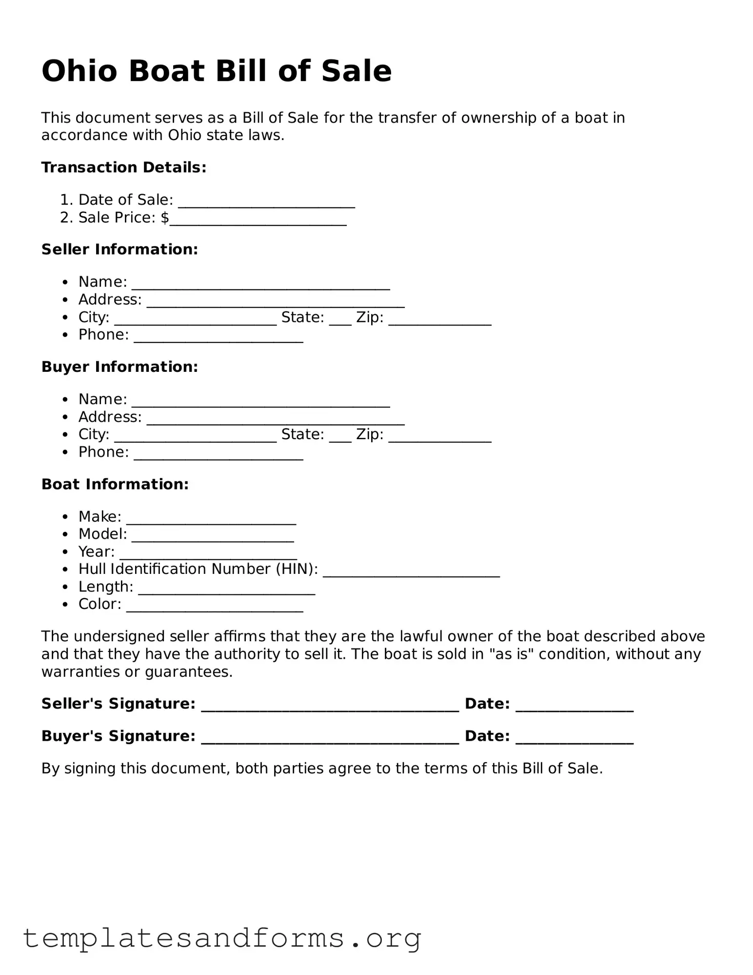 Free Boat Bill of Sale Form for the State of Ohio