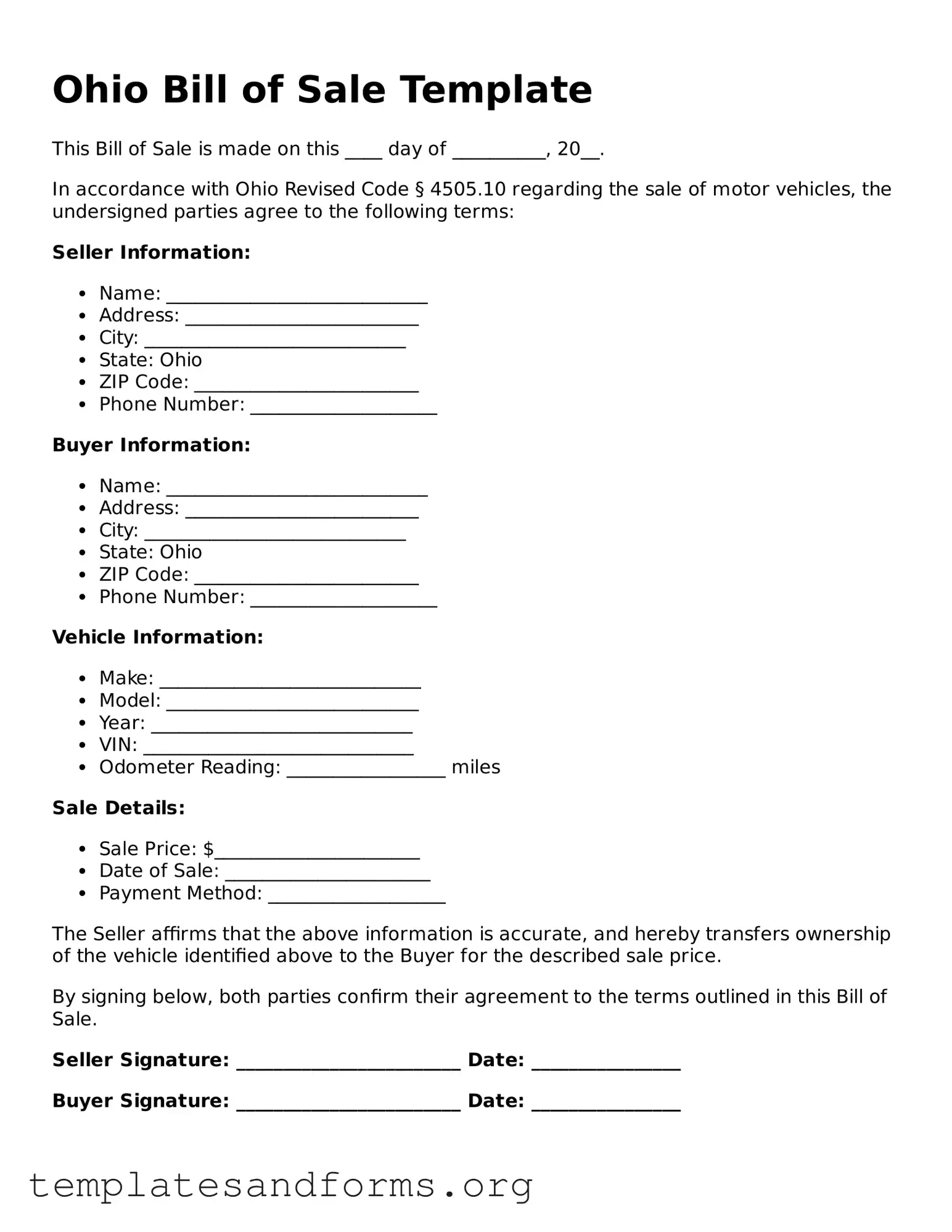 Free Bill of Sale Form for the State of Ohio