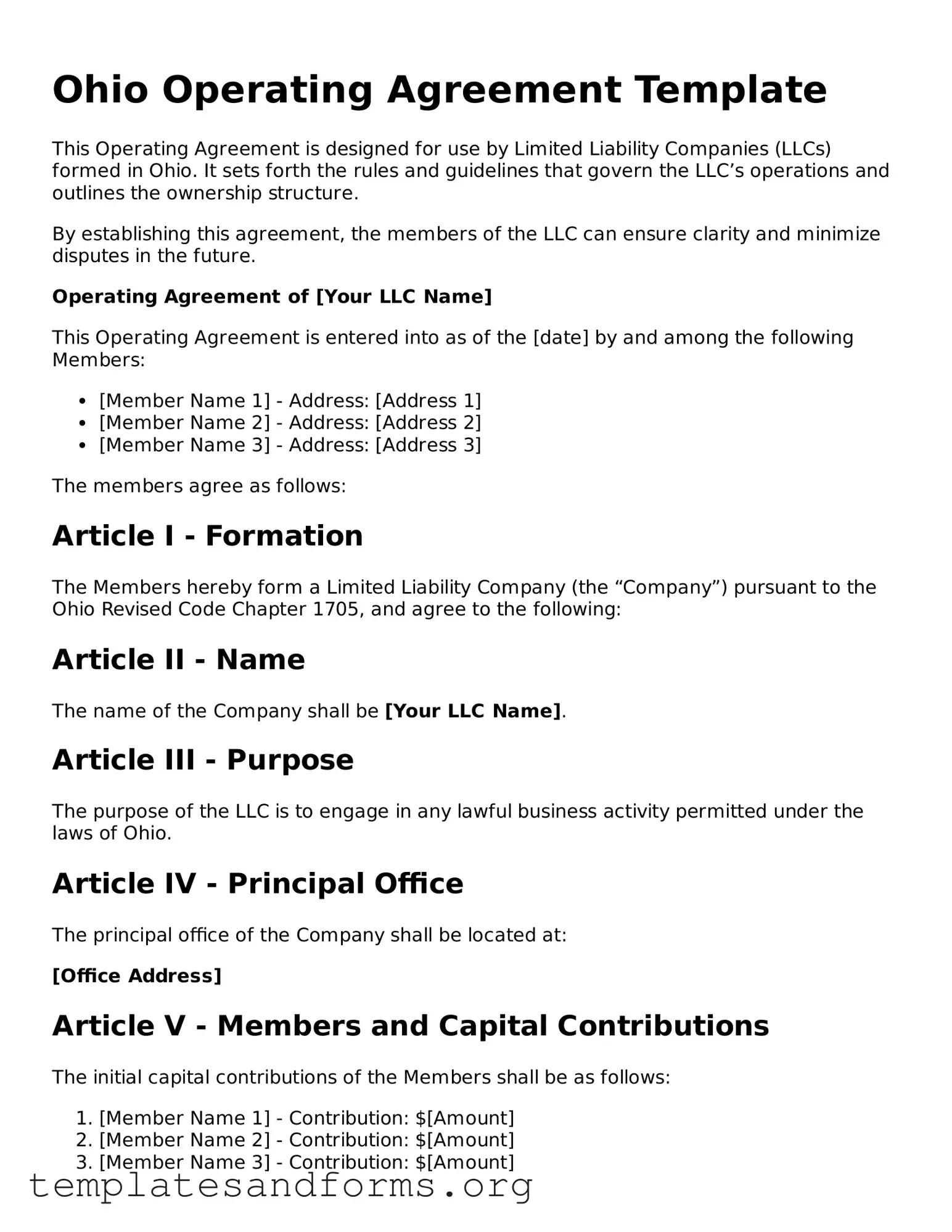 Free Operating Agreement Form for the State of Ohio