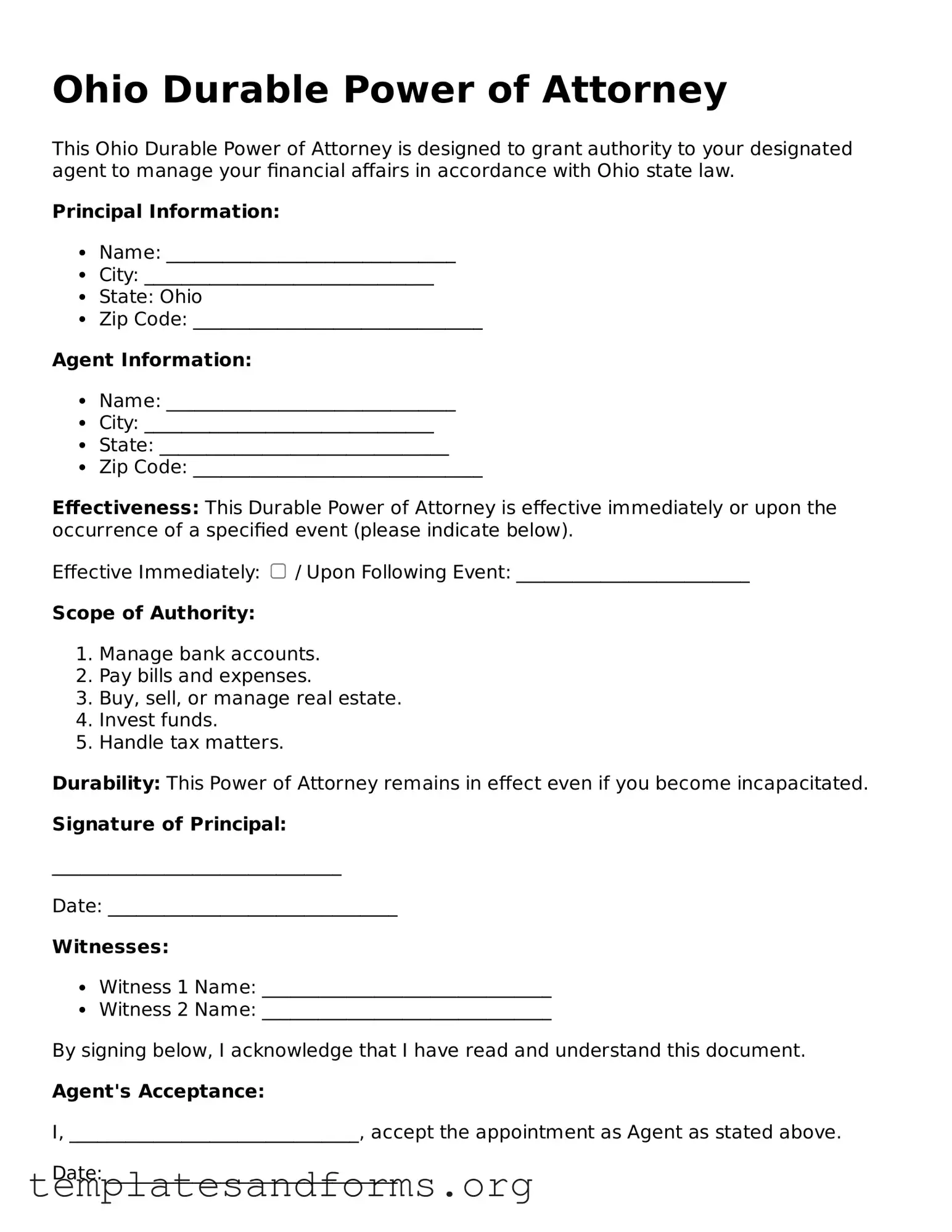 Free Durable Power of Attorney Form for the State of Ohio