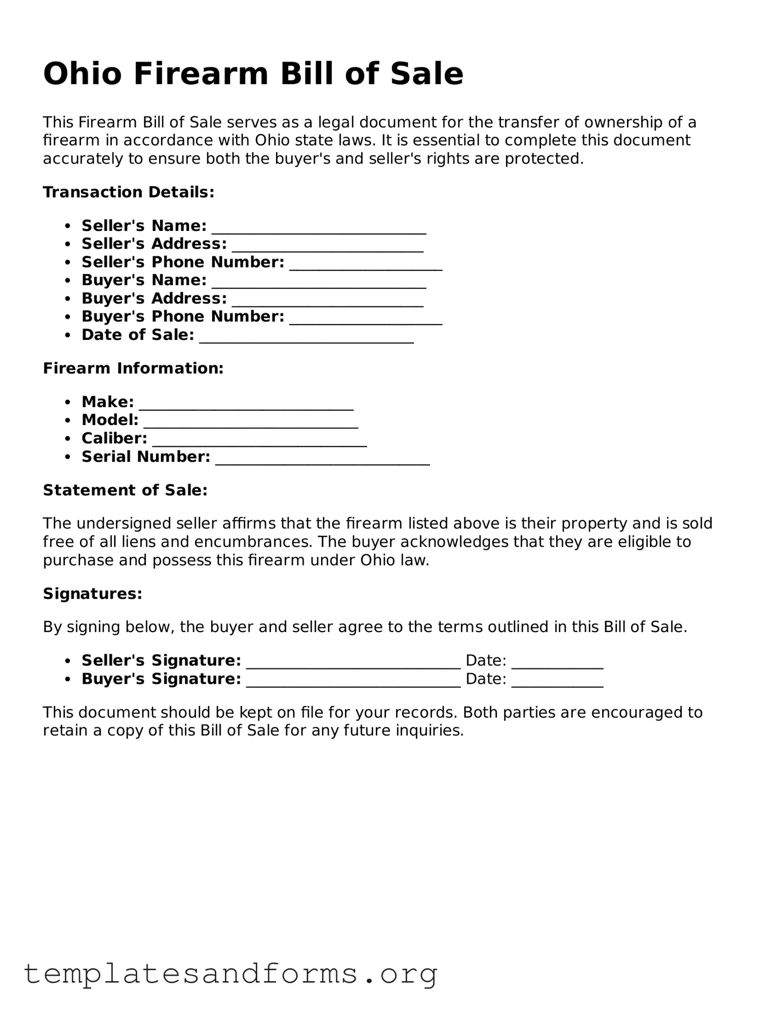 Free Firearm Bill of Sale Form for the State of Ohio