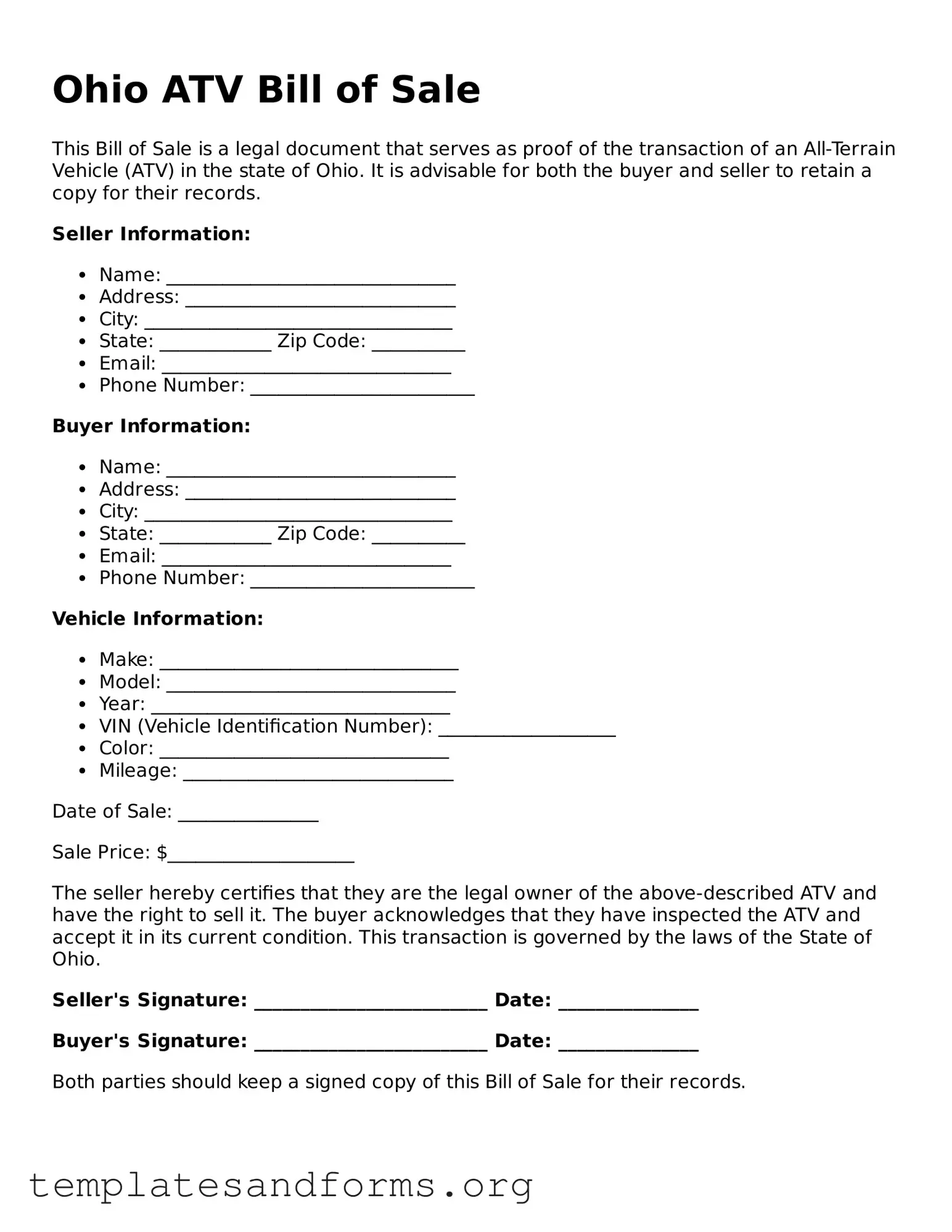 Free ATV Bill of Sale Form for the State of Ohio