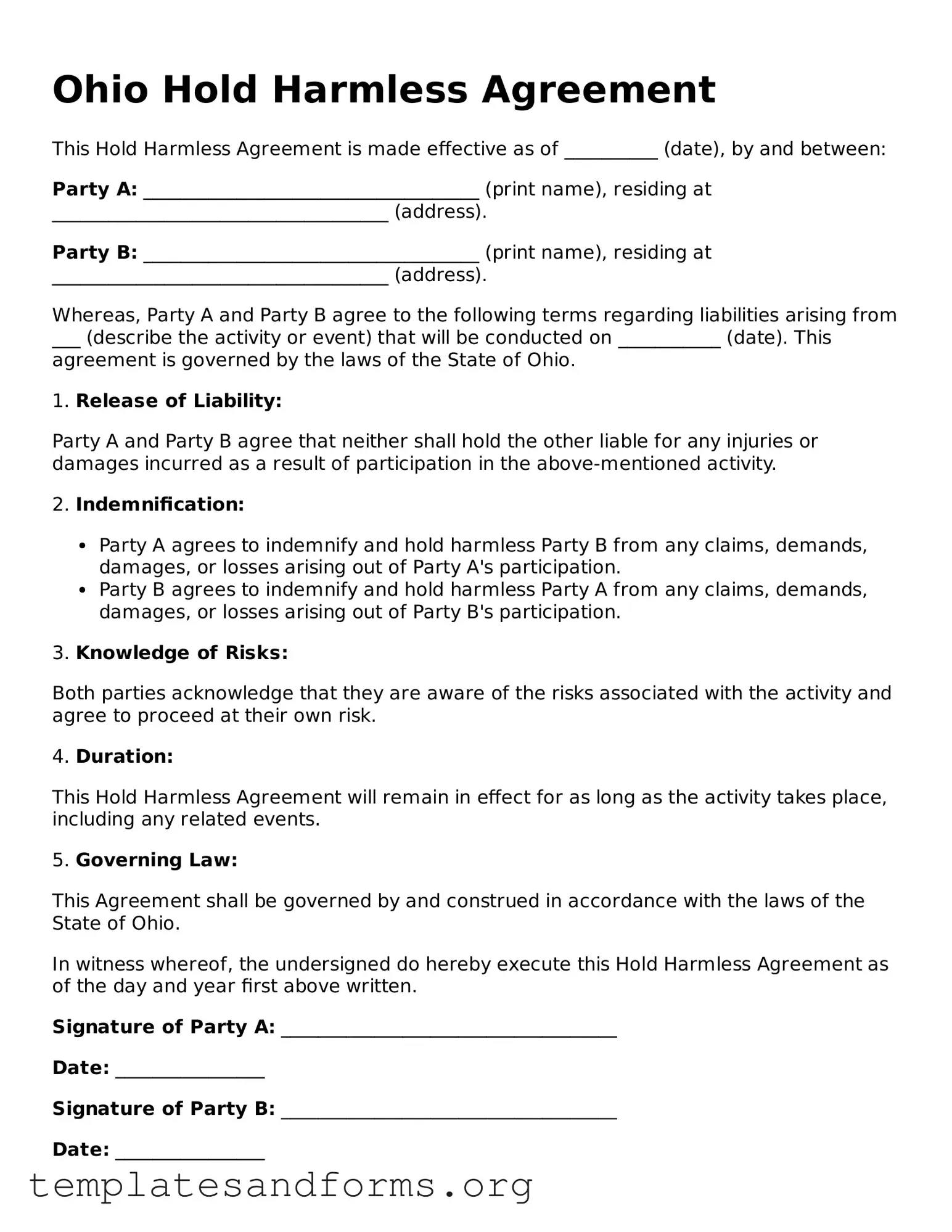 Free Hold Harmless Agreement Form for the State of Ohio