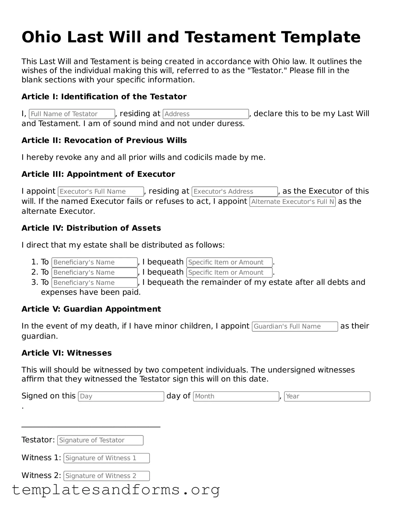 Free Last Will and Testament Form for the State of Ohio