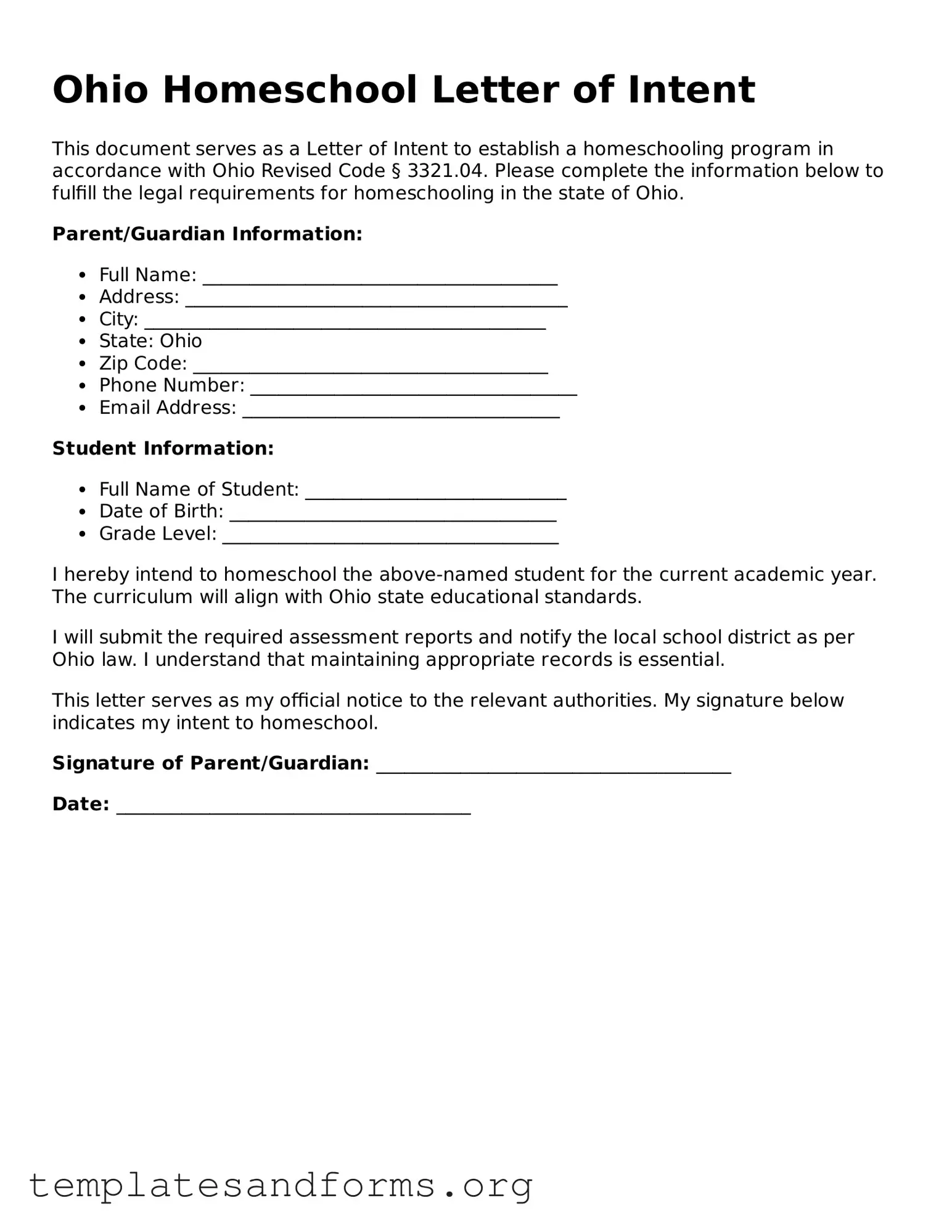 Free Homeschool Letter of Intent Form for the State of Ohio