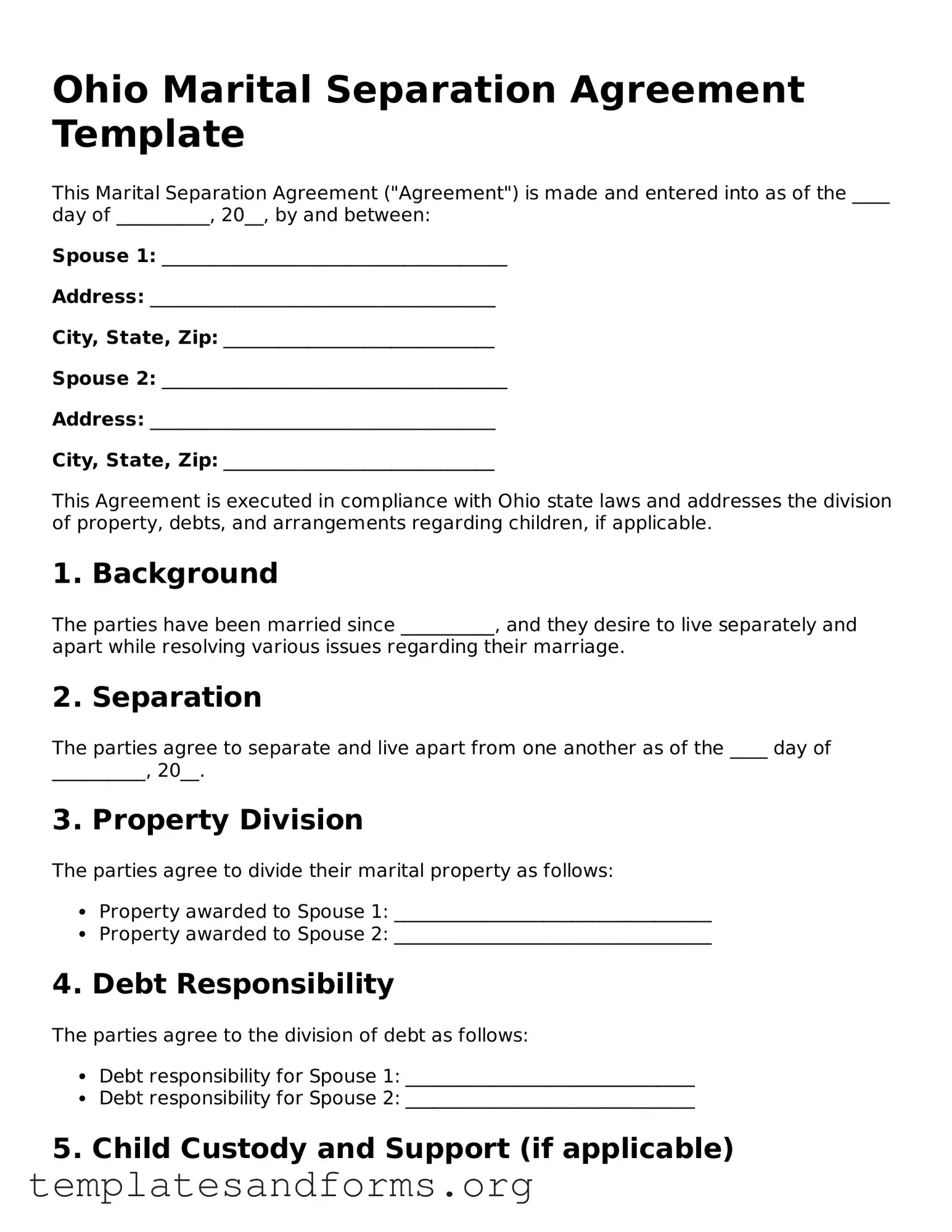 Free Marital Separation Agreement Form for the State of Ohio