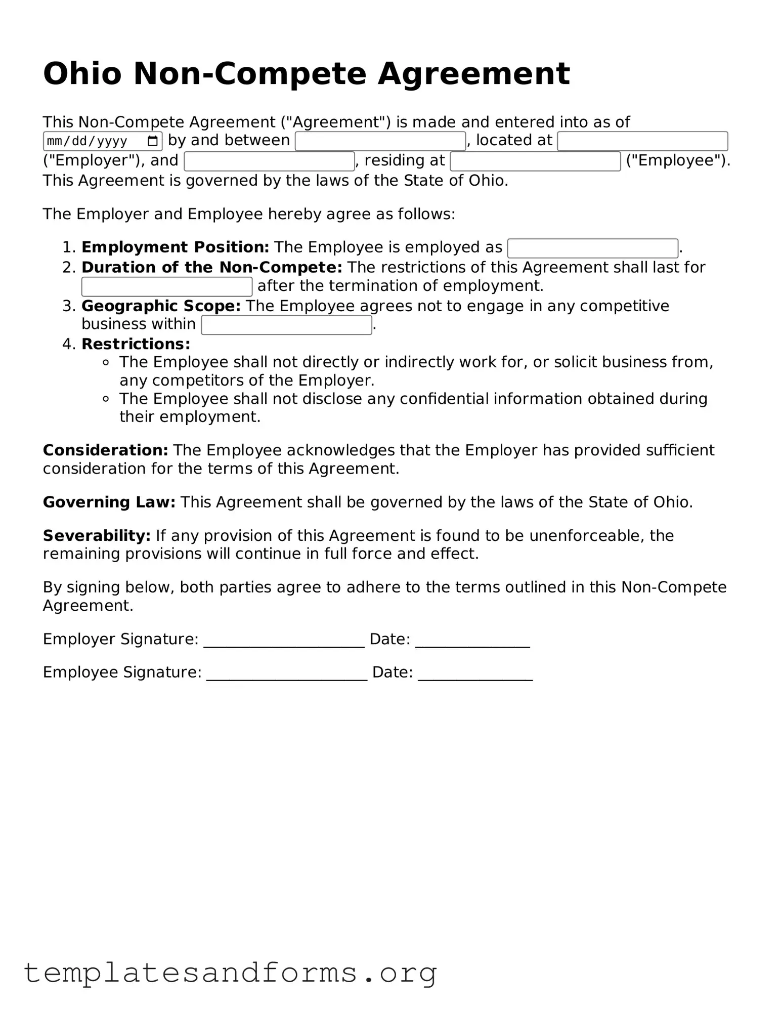 Free Non-compete Agreement Form for the State of Ohio