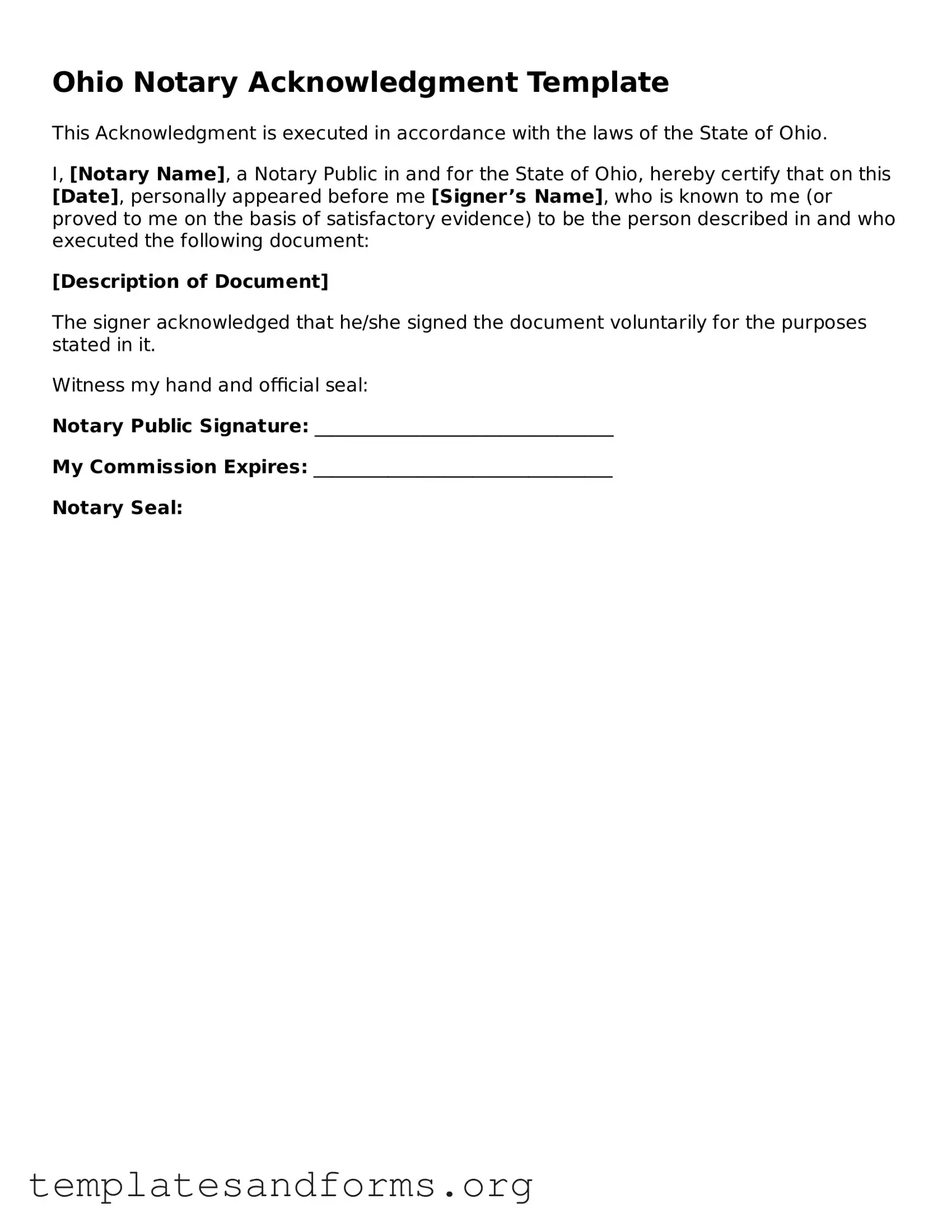 Free Notary Acknowledgement Form for the State of Ohio