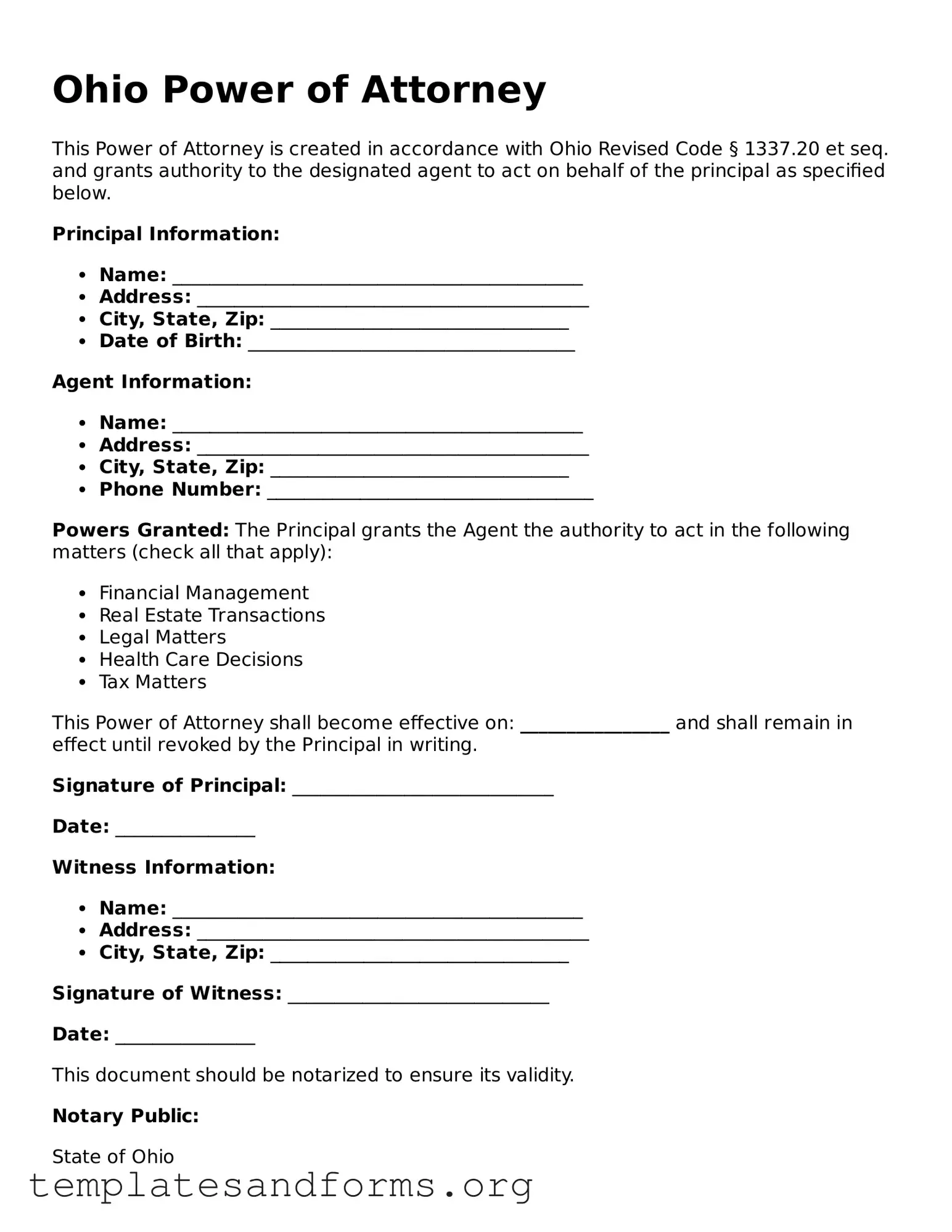 Free Power of Attorney Form for the State of Ohio