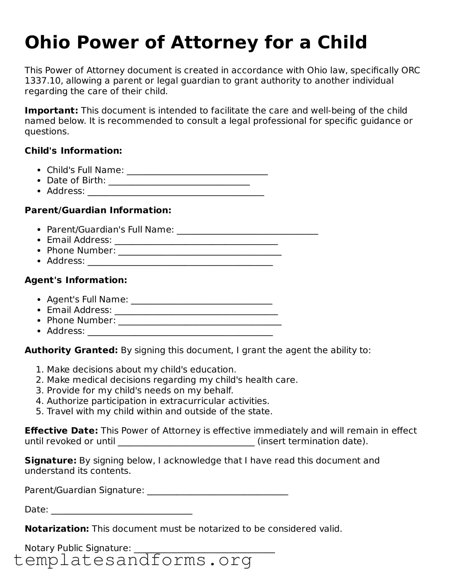Free Power of Attorney for a Child Form for the State of Ohio