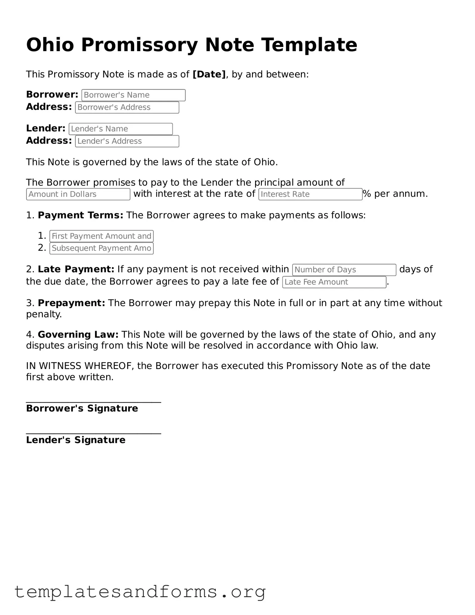 Free Promissory Note Form for the State of Ohio