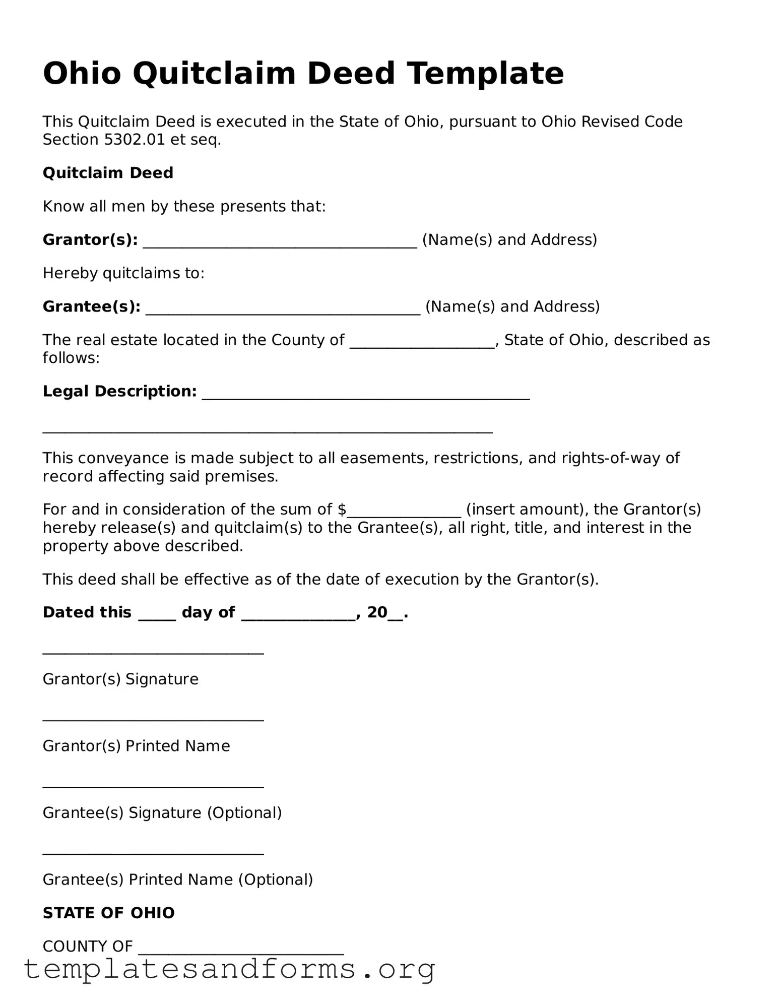 Free Quitclaim Deed Form for the State of Ohio