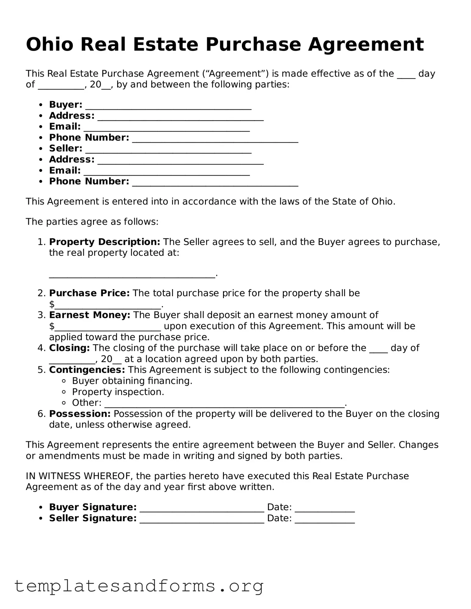 Free Real Estate Purchase Agreement Form for the State of Ohio
