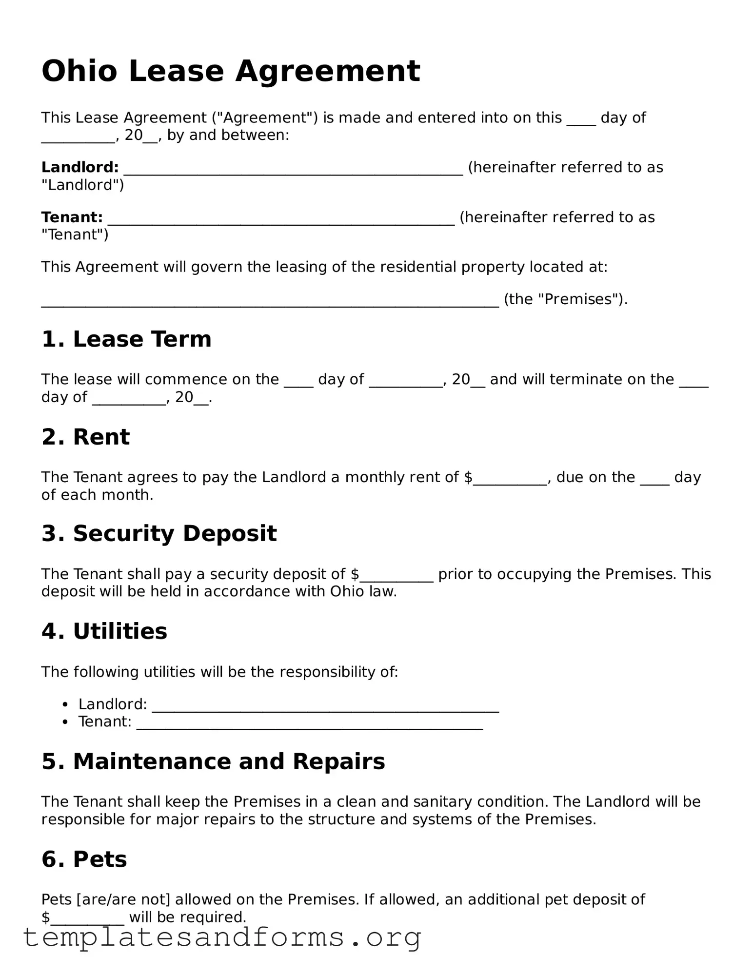 Free Lease Agreement Form for the State of Ohio