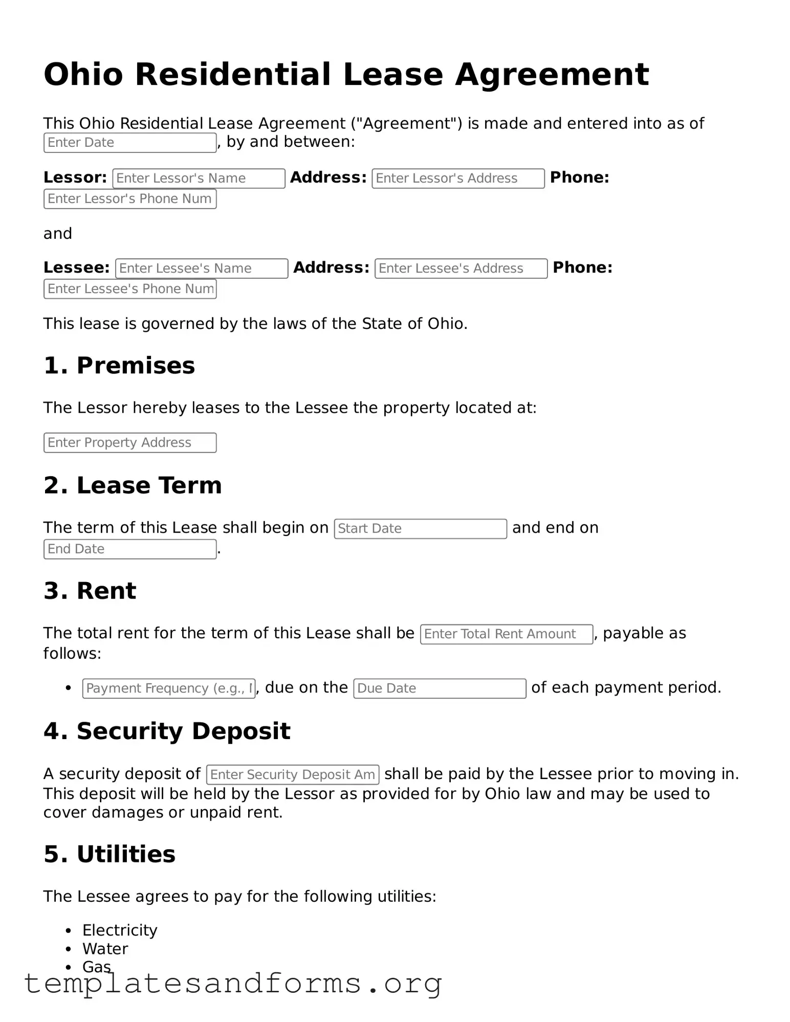 Free Residential Lease Agreement Form for the State of Ohio