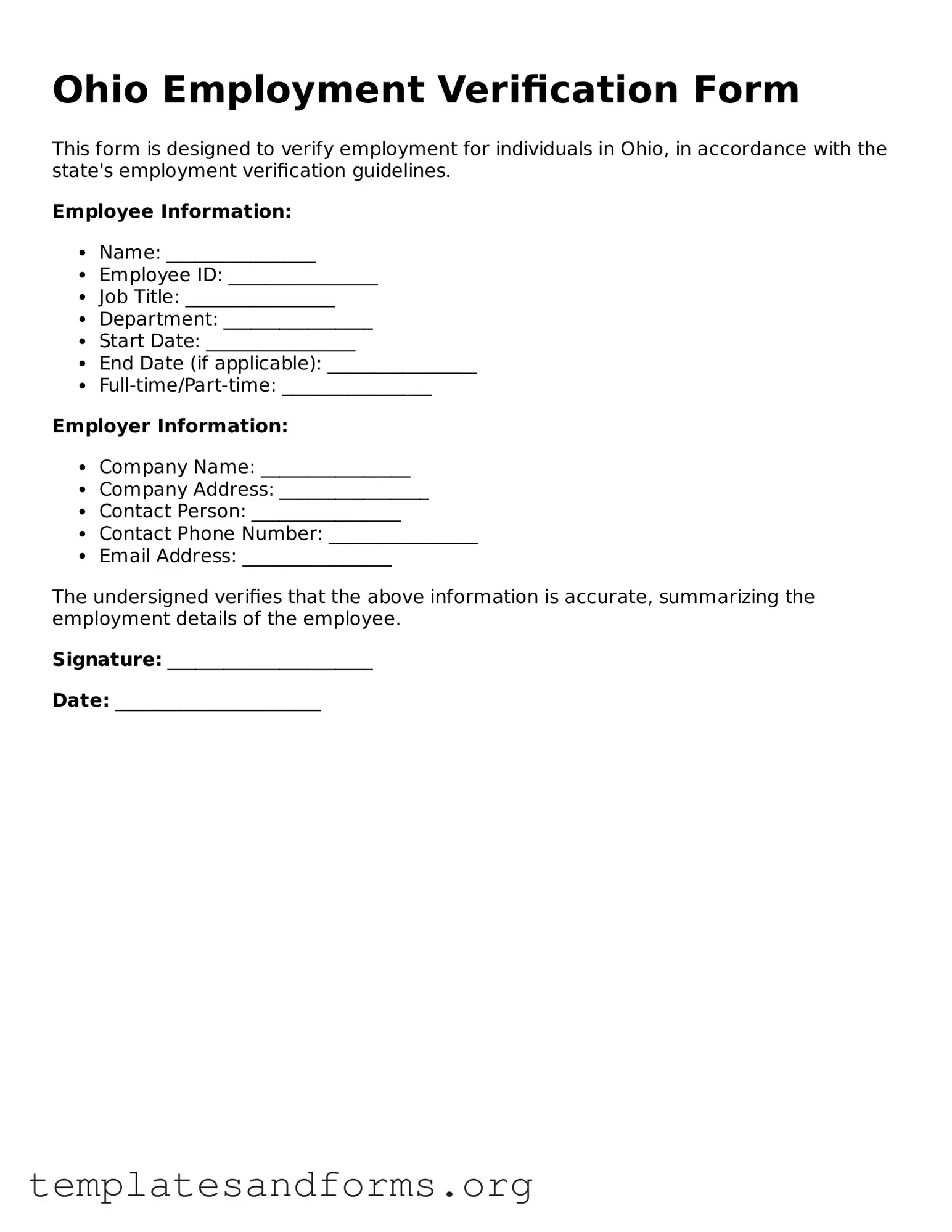 Free Employment Verification Form for the State of Ohio