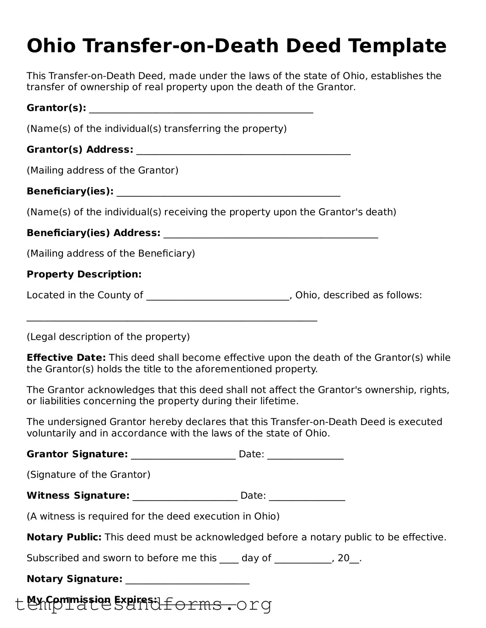 Free Transfer-on-Death Deed Form for the State of Ohio