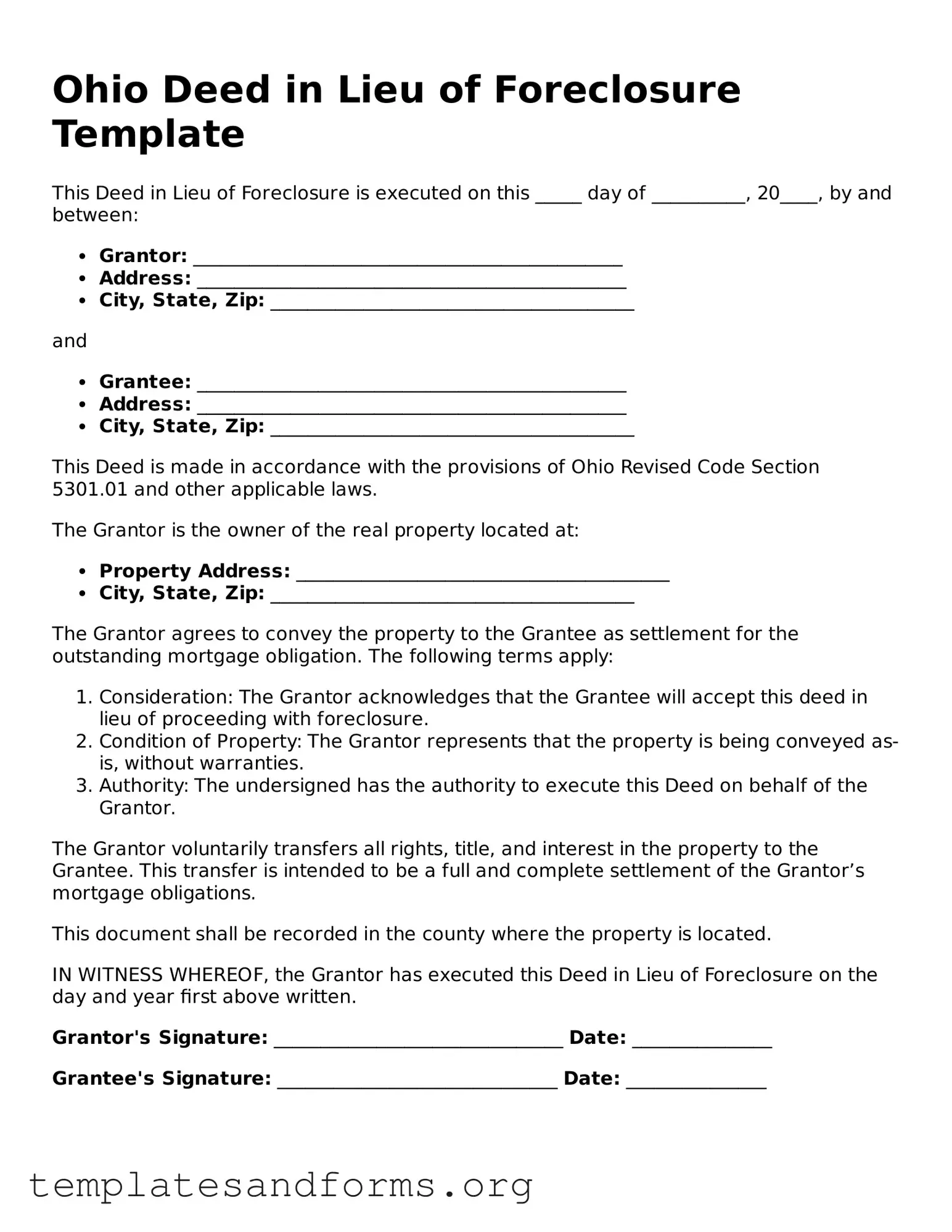 Free Deed in Lieu of Foreclosure Form for the State of Ohio
