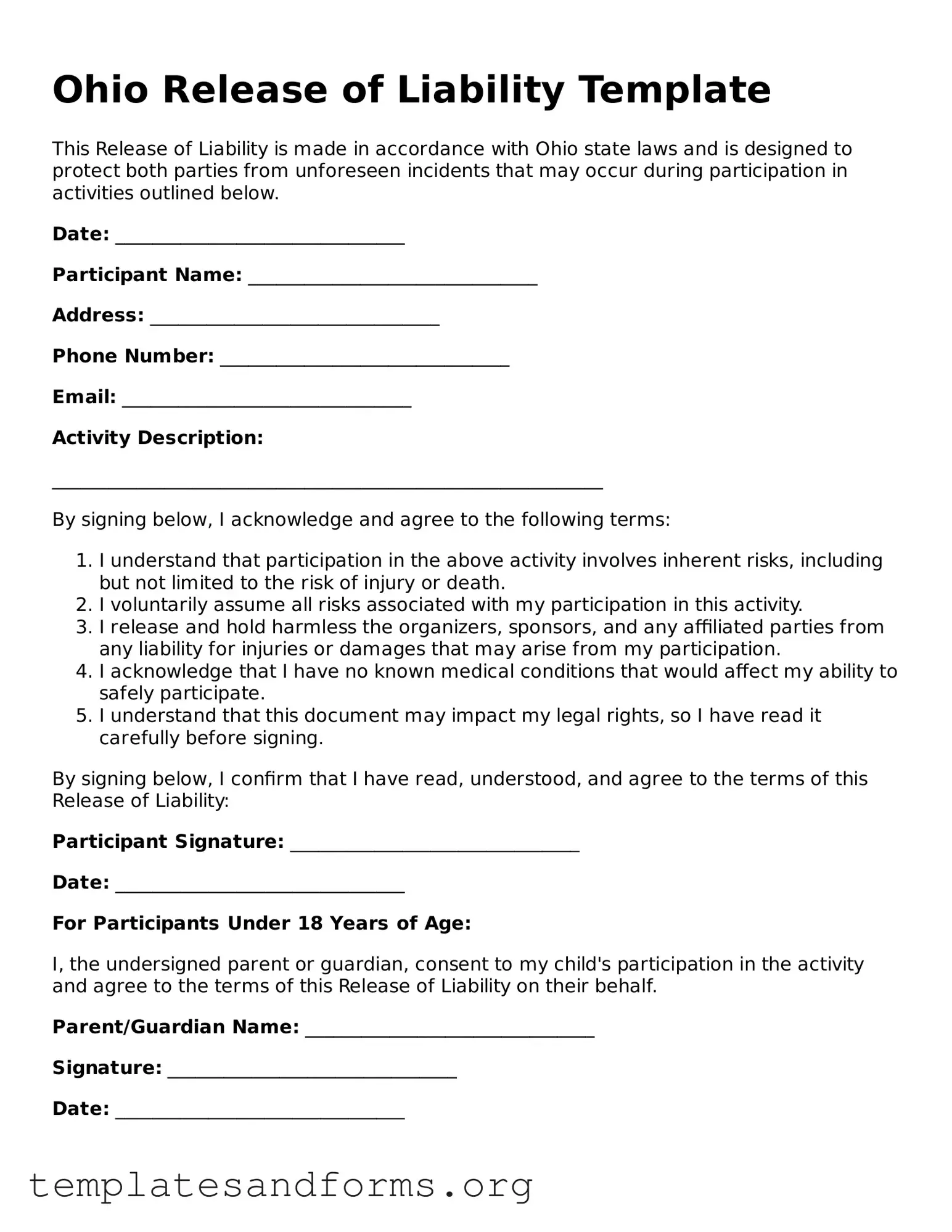 Free Release of Liability Form for the State of Ohio