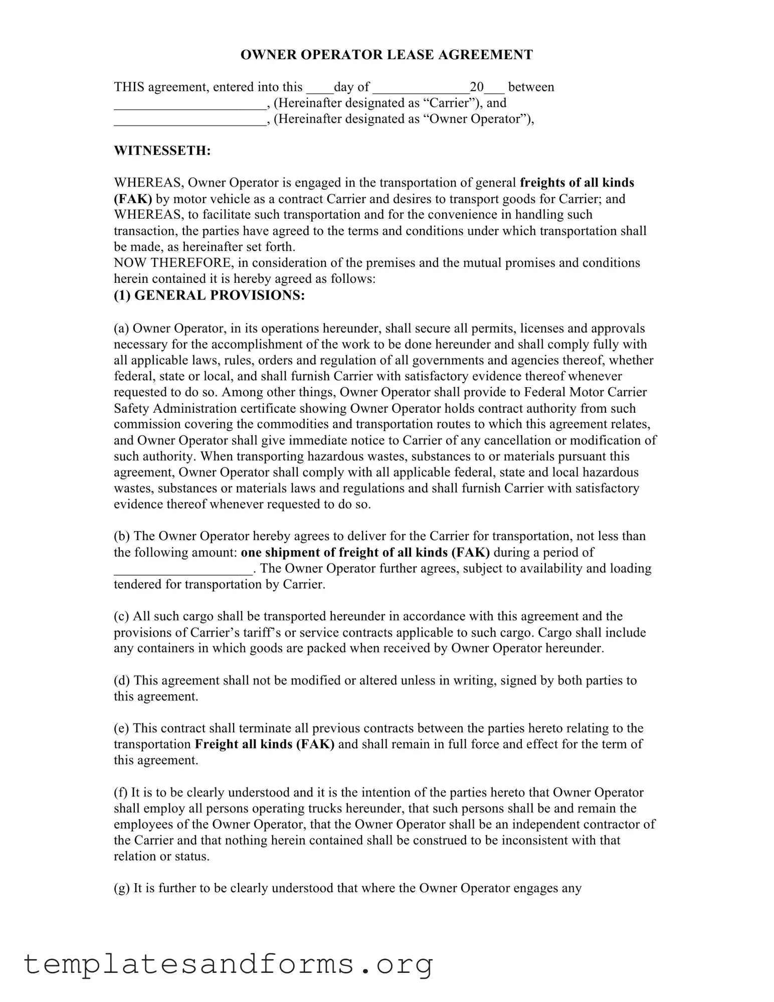 Fill in a Valid Owner Operator Lease Agreement Form