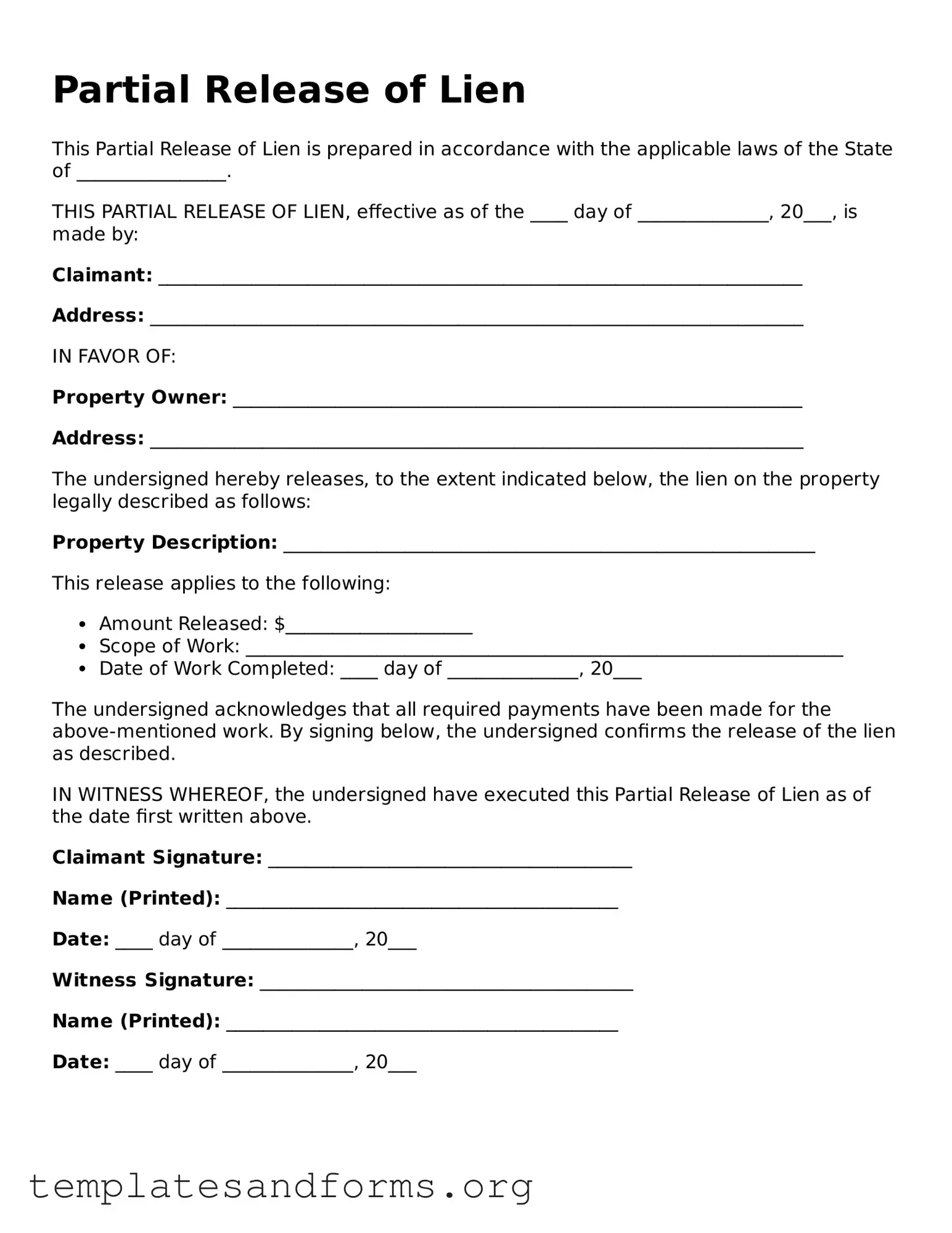 Blank Partial Release of Lien Document