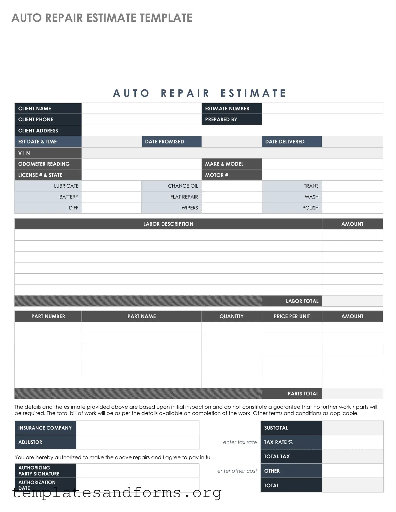Fill in a Valid Auto Repair Estimate Form