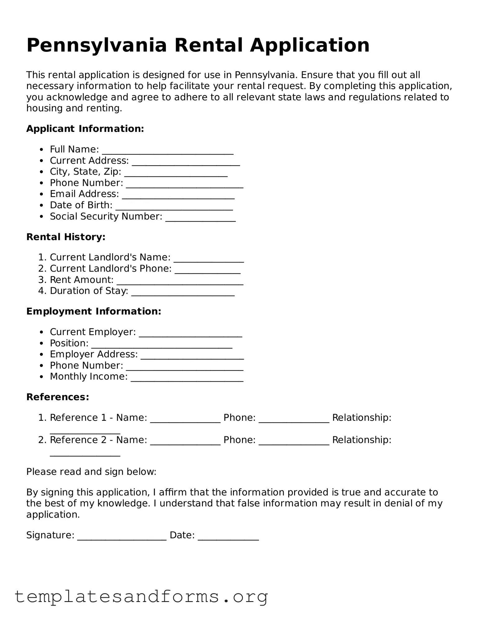 Free Rental Application Form for the State of Pennsylvania