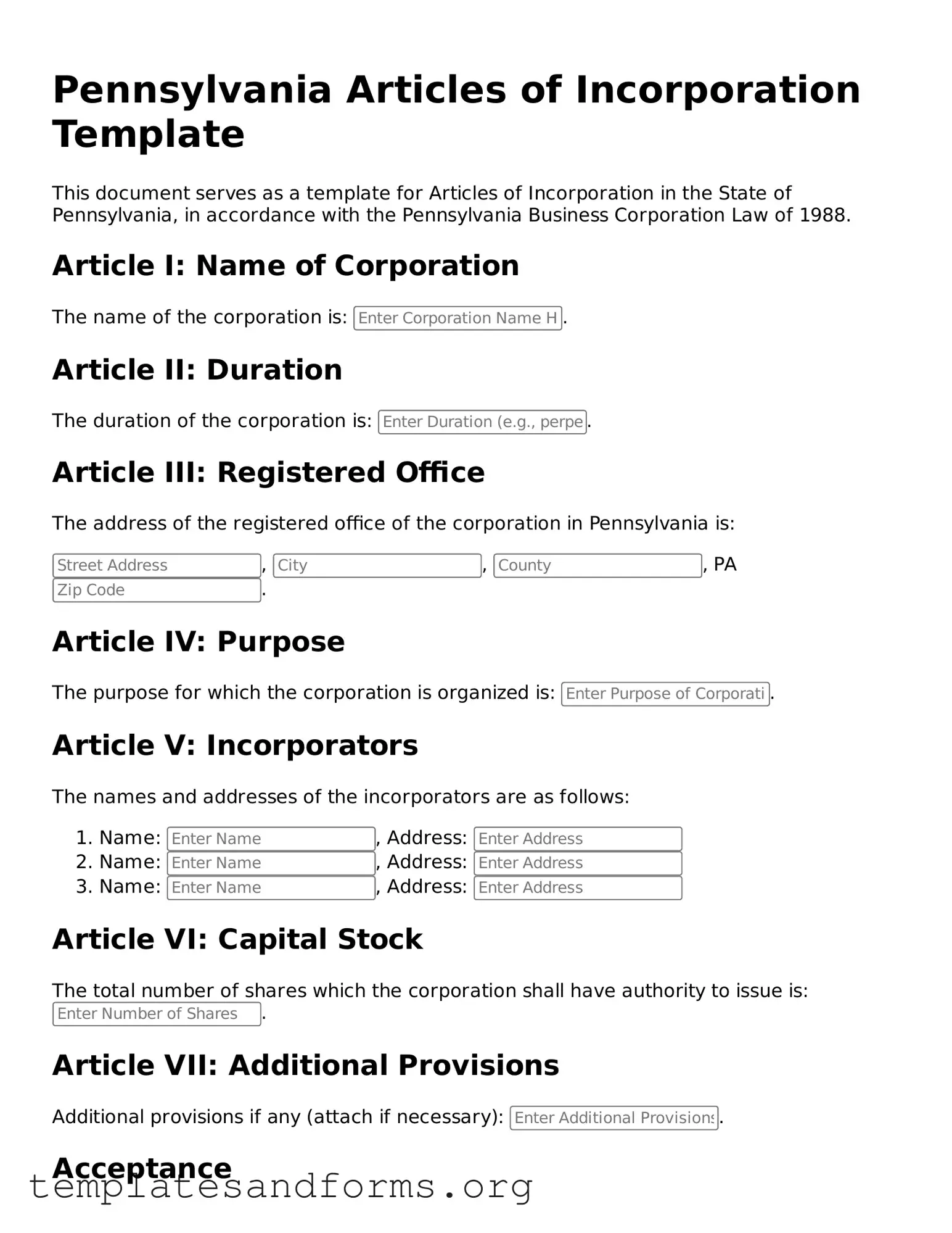 Free Articles of Incorporation Form for the State of Pennsylvania